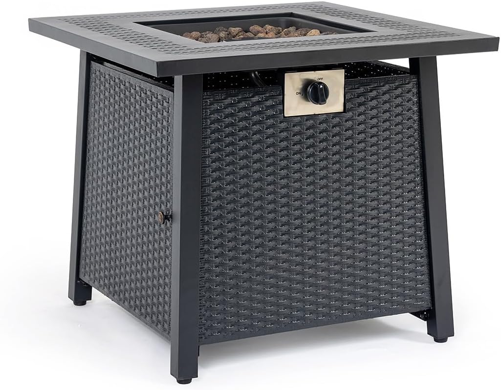 Outdoor Furniture Propane Fire Pit Table Square Tabletop Fire Pit with Wicker-Look Panels & Hidden Tank Storage Adjustable Flame Control Patio Deck Backyard