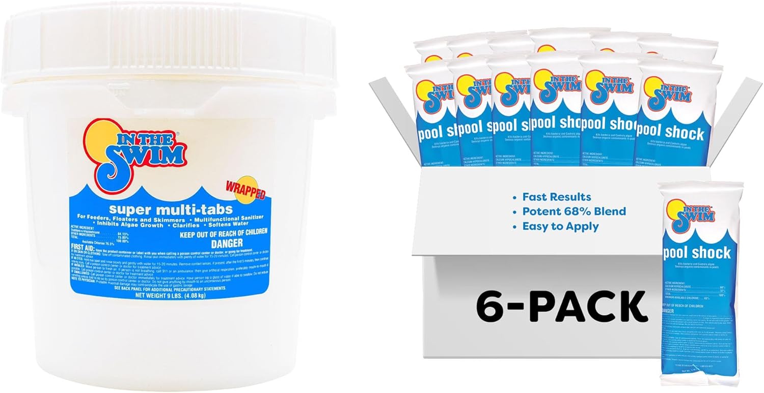 In The Swim Chlorine and Shock Bundle for Sanitizing Swimming Pools – Includes 9 Pound Bucket of 5-in-1 Super Multi-Tablets and 6 x 1 Pound Bags of 68% Cal-Hypo Pool Shock