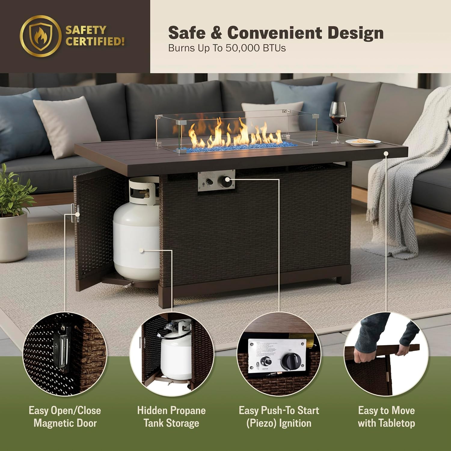 Kinger Home Novi Rattan 52-Inch Propane Gas Fire Pit Table with Rectangular Aluminum Frame, 50,000 BTU Outdoor Patio Firepit, Includes Wind Guard and Fire Glass, Brown