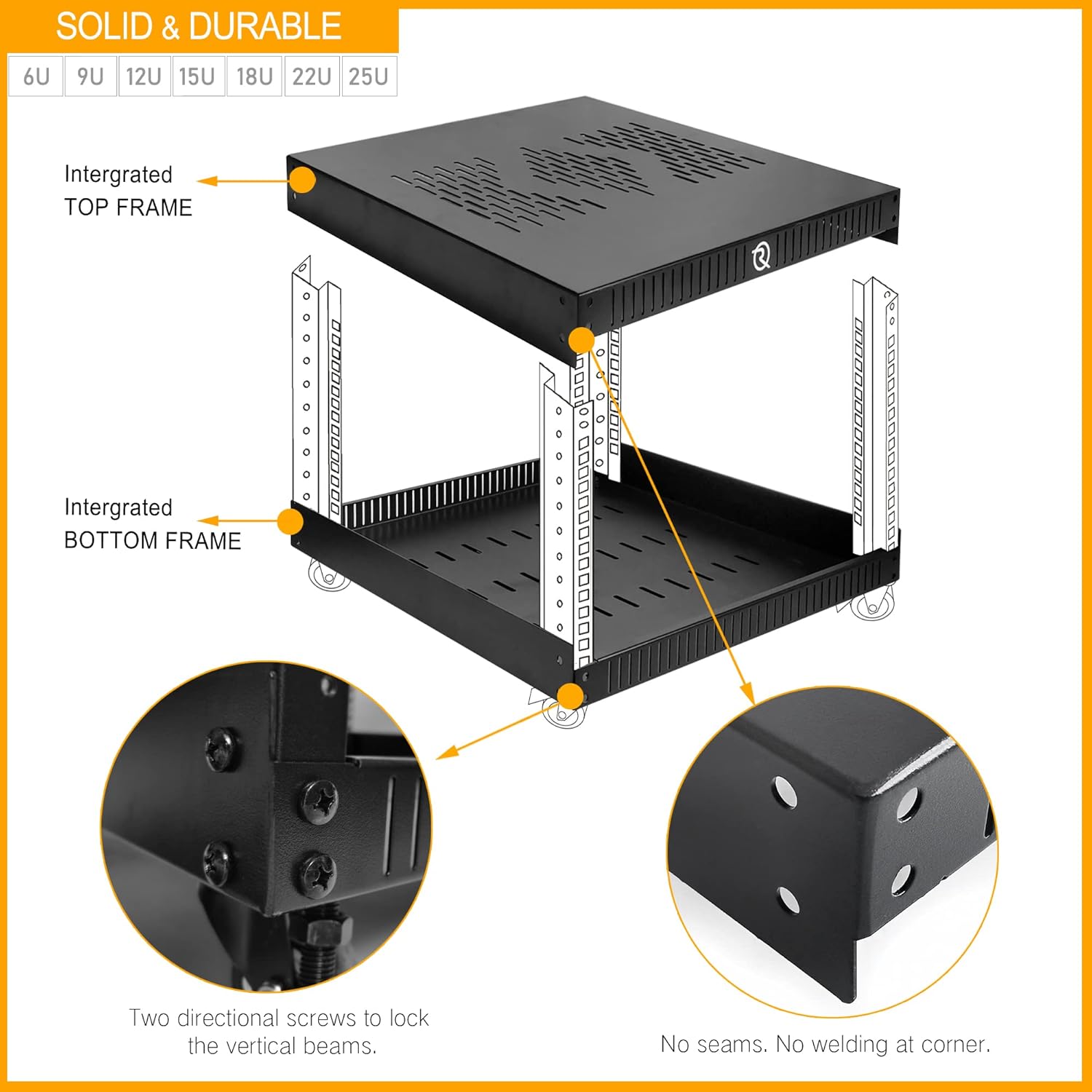 RIVECO 12U Network Rack with Reinforced Top Cover - 4 Post Floor Rack on Wheels for 19