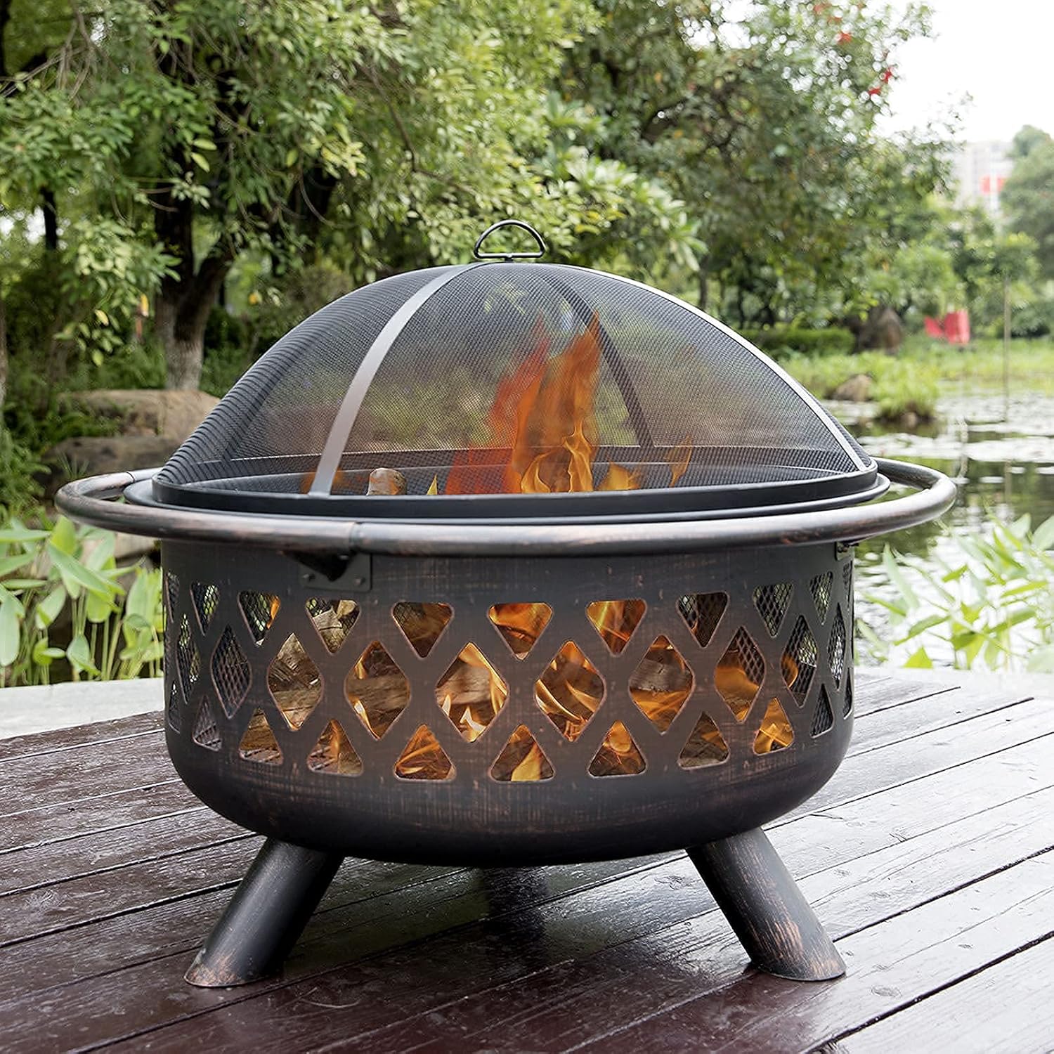 Small firepit, Outdoor Fire Pit with BBQ Grill Shelf Fire Bowl with Spark Protection Mesh, Extra Includes Poker and Cover Garden Patio Heater