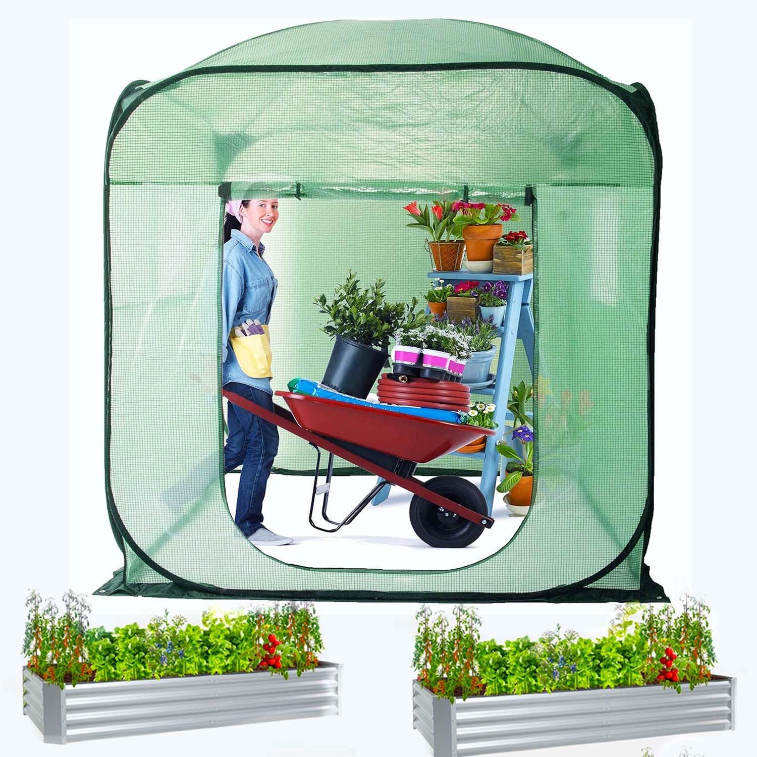 Porayhut Pop Up Greenhouse Tent with Two Garden Raised Beds,Portable X-Large Walk-in Flower House for Protecting Plant