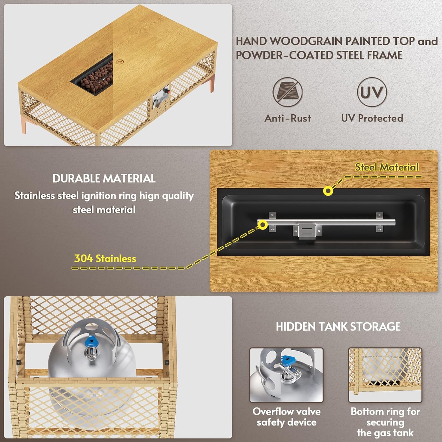 LYNSLIM Outdoor Fire Pit Table with Tank Table, CSA Certifed 60,000 BTU Stainless Steel Burner, Rattan Rectangular Propane Patio Firepit Table for Outside with Exterior, Porch, Backyard or Garden