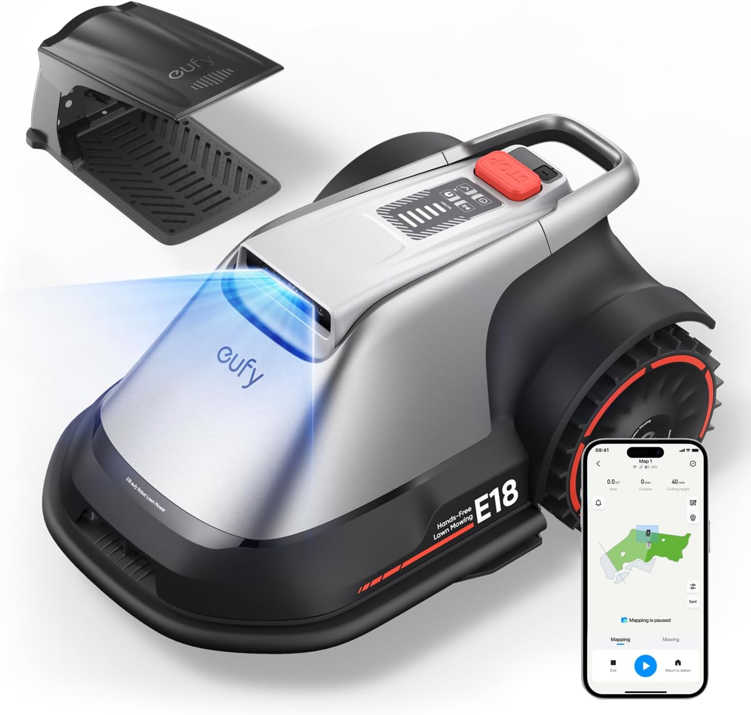 eufy E18 Robot Lawn Mower,Max 0.3 Acres,Wireless Robot Mower with Auto Mapping,Vision Navigation,Multi-Zone Management,Robotic Lawnmower with AI Obstacle Avoidance,APP Control,18°Slope,Cut Height1-3