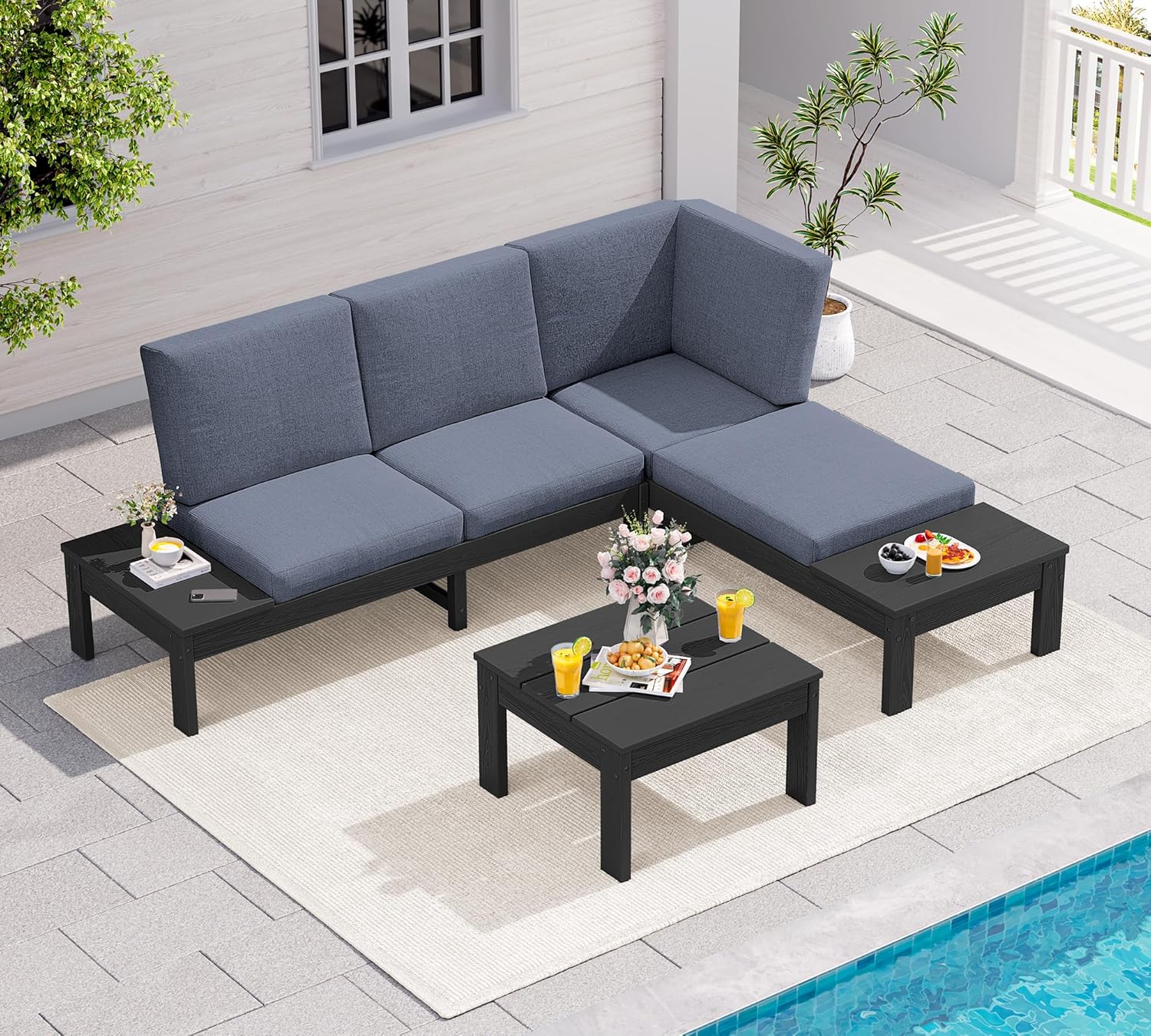 SERWALL HDPE Patio Furniture Set, Modular Outdoor Sectional Sofa Set with Built-in Side Tables, Seats 4, All-Weather Patio Conversation Set for Garden, Deck, Porch, Black Frame with Grey Cushion