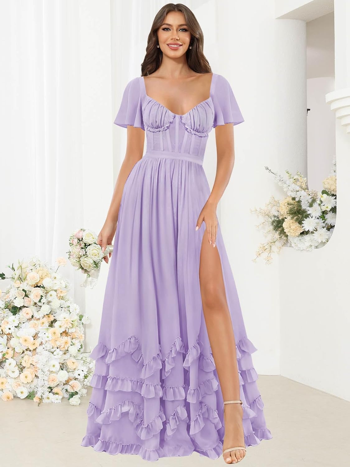 BOLENSYE Bridesmaid Dresses for Women with Sleeves A Line Tiered Chiffon Long Formal Wedding Guest Dress with Slit