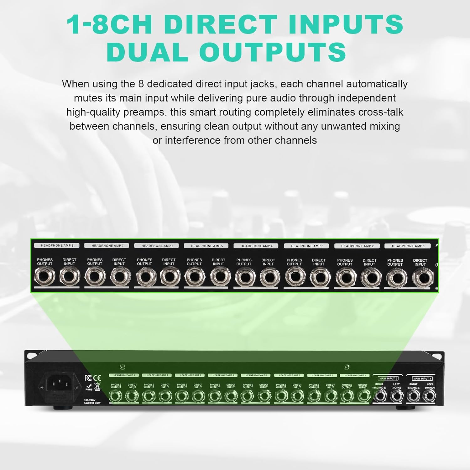 8-Channel Headphone Mixing Distribution Amplifier, Mountable High-Power Headphone Splitter Amp with Mono/Stereo Modes, 16 Headphone Outs, LED Meters for Studio & Live Sound Monitoring