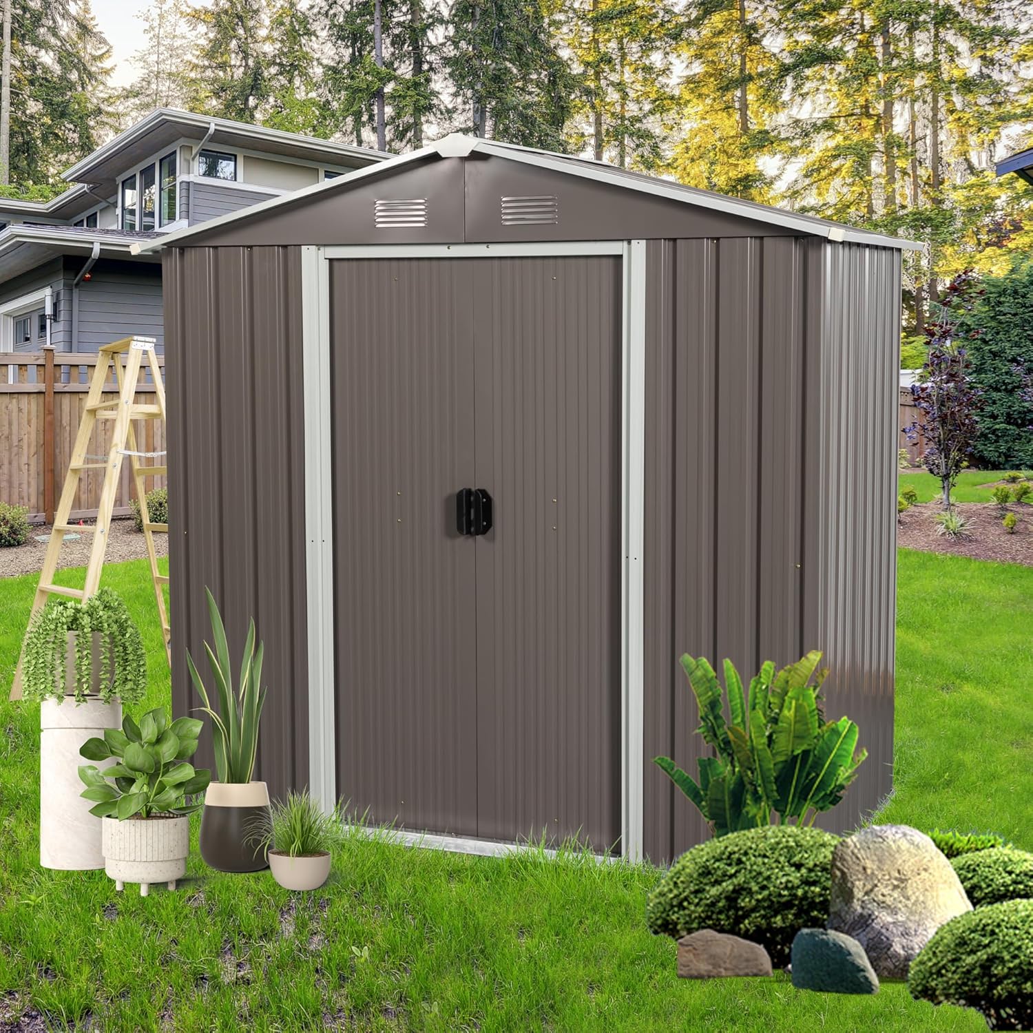 8 x 4 FT Outdoor Storage Shed, Metal Garden Shed with Floor Frame, Tool Shed Outdoor Storage with Lockable Sliding Doors & Air Vents, Storage House Waterproof for Backyard, Lawn, Gray