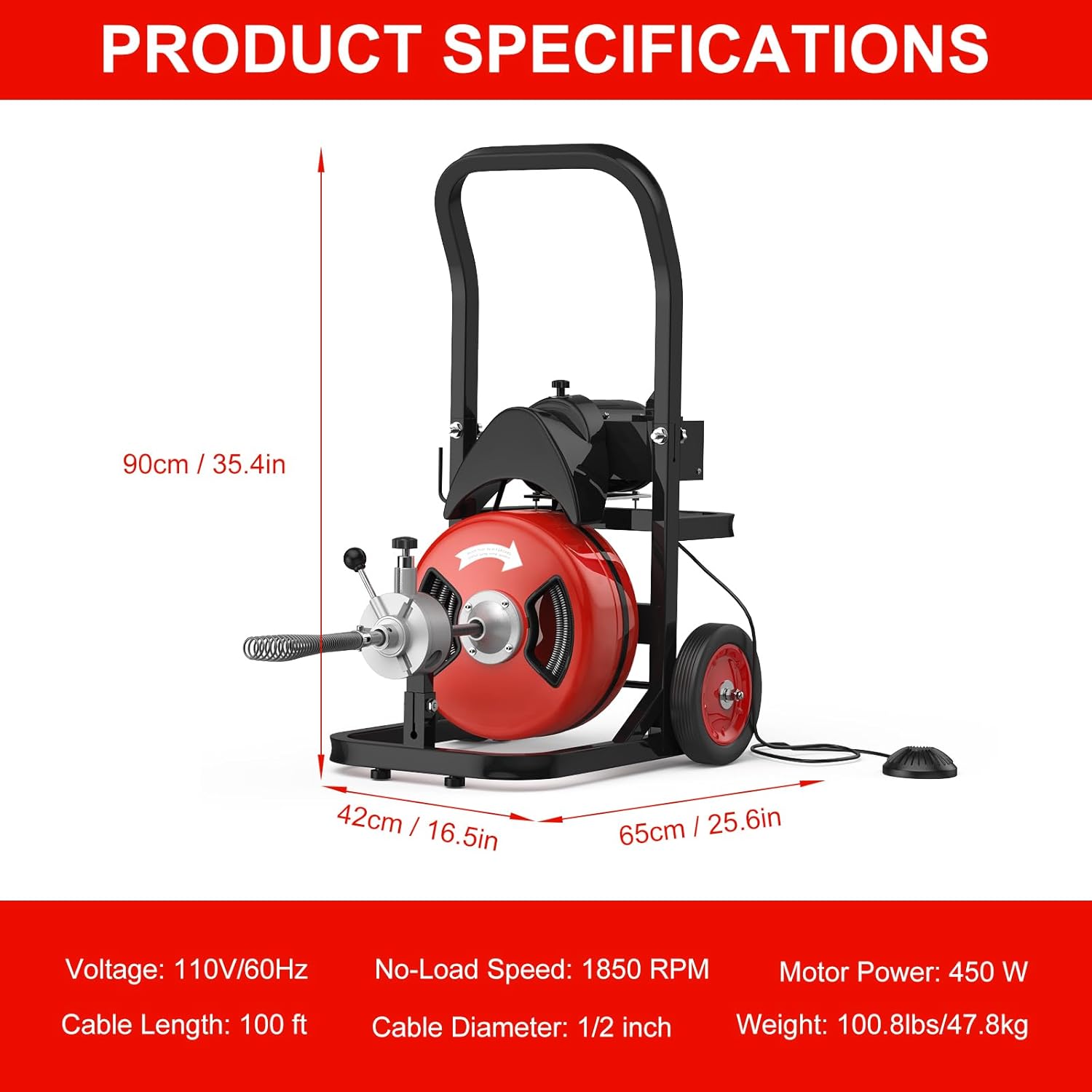 Drain Cleaning Machine, 100 Ftx1/2 In Auto-Feed Sewer Snake with 6 Cutters & Air Foot Switch, Commercial Electric Drain Cleaner Tool with Wheels, Fits 2-4 In Pipes