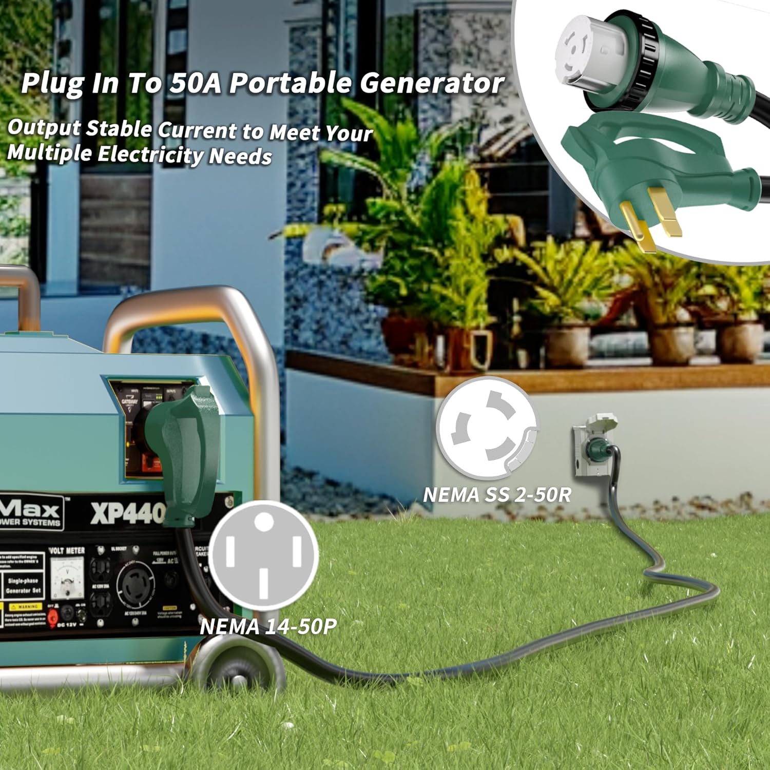 50 Amp Generator Cord, 25FT 50 Amp RV Extension Cord with Twist Lock, Generator Cable 50A 4 Prong Green, NEMA 14-50P/SS2-50R Heavy Duty STW Wire for RV Camper & House