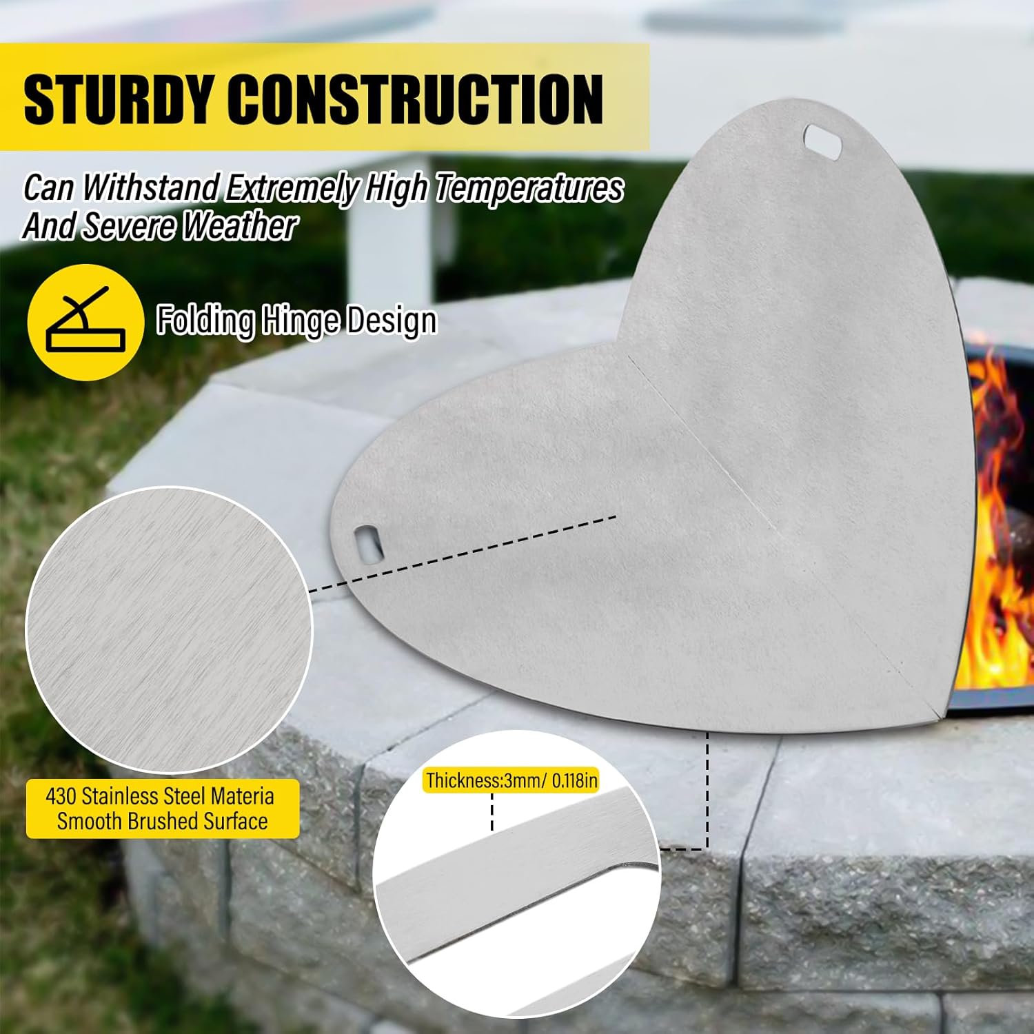 Fire Pit Lid Round, 40 Inch Foldable Fire Pit Ring Snuff Cover, 3mm Thickness 430 Stainless Steel Fire Pit Spark Screen Cover, Built-in Handle Fire Pit Lid for 40 in Round Floor Type Brazier