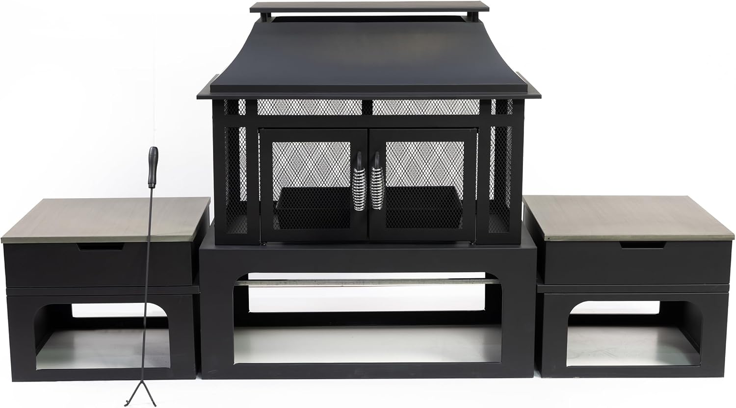 70 Inch Rectangular Outdoor Steel Woodburning Fireplace with Side Tables - Integrated Log Storage and Log Poker