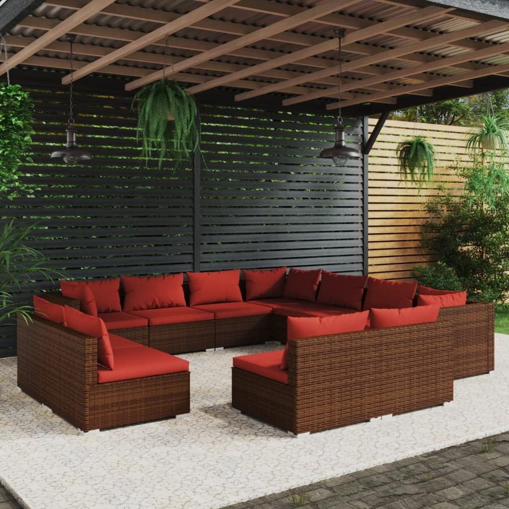 11 Piece Patio Lounge Set with Cushions Brown Poly Rattan,WaterResistant Patio Lounge Set with Poly Rattan for Outdoor Comfort and Durability Furniture Sets for Patio, Lawn & Garden
