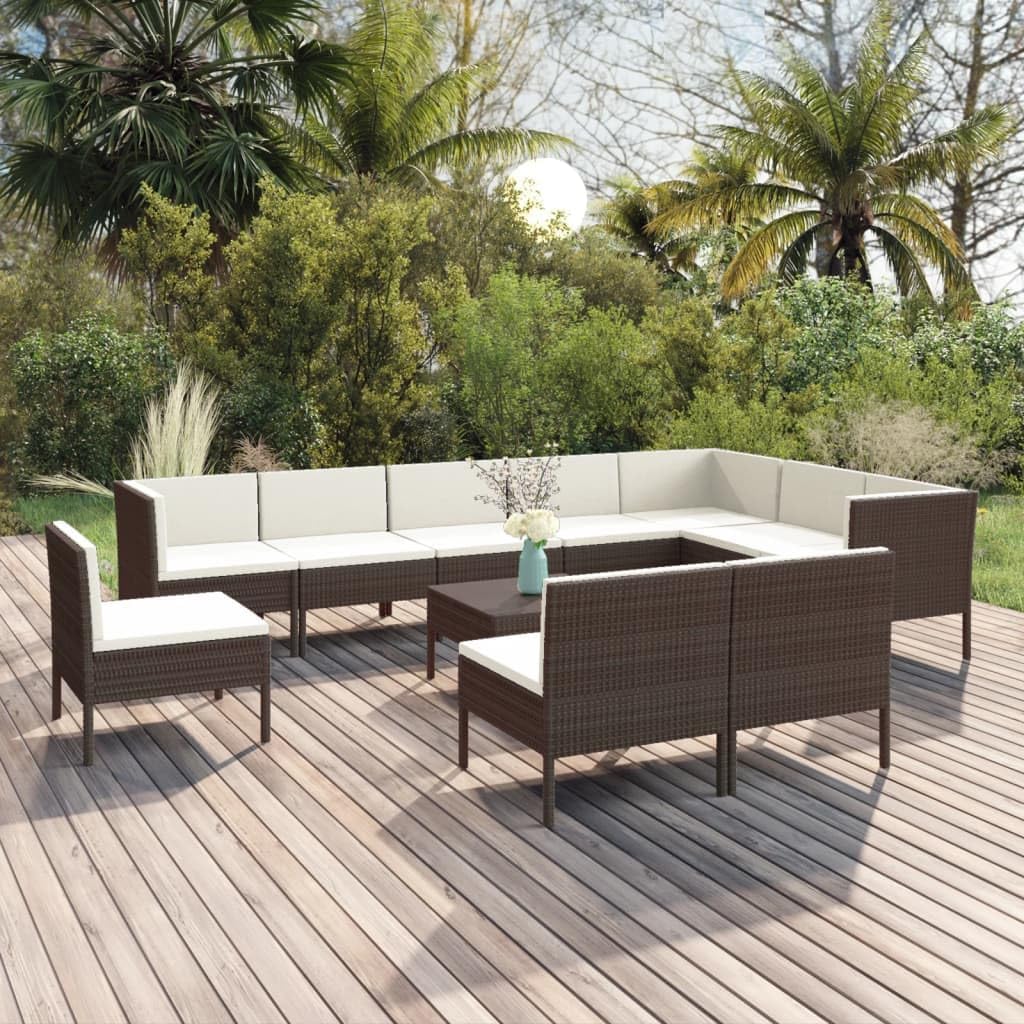 11 Piece Patio Lounge Set with Cushions Poly Rattan Brown,Elegant Patio Lounge Set with WeatherResistant Rattan for Outdoor and Garden Comfort Furniture Sets for Patio, Lawn & Garden