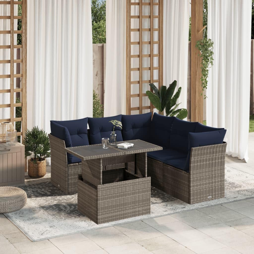 6 Piece Garden Sofa Set, Grey Poly Rattan Outdoor Sectional Sofa with Adjustable Table, Navy Cushions, Patio Furniture for Balcony, Terrace
