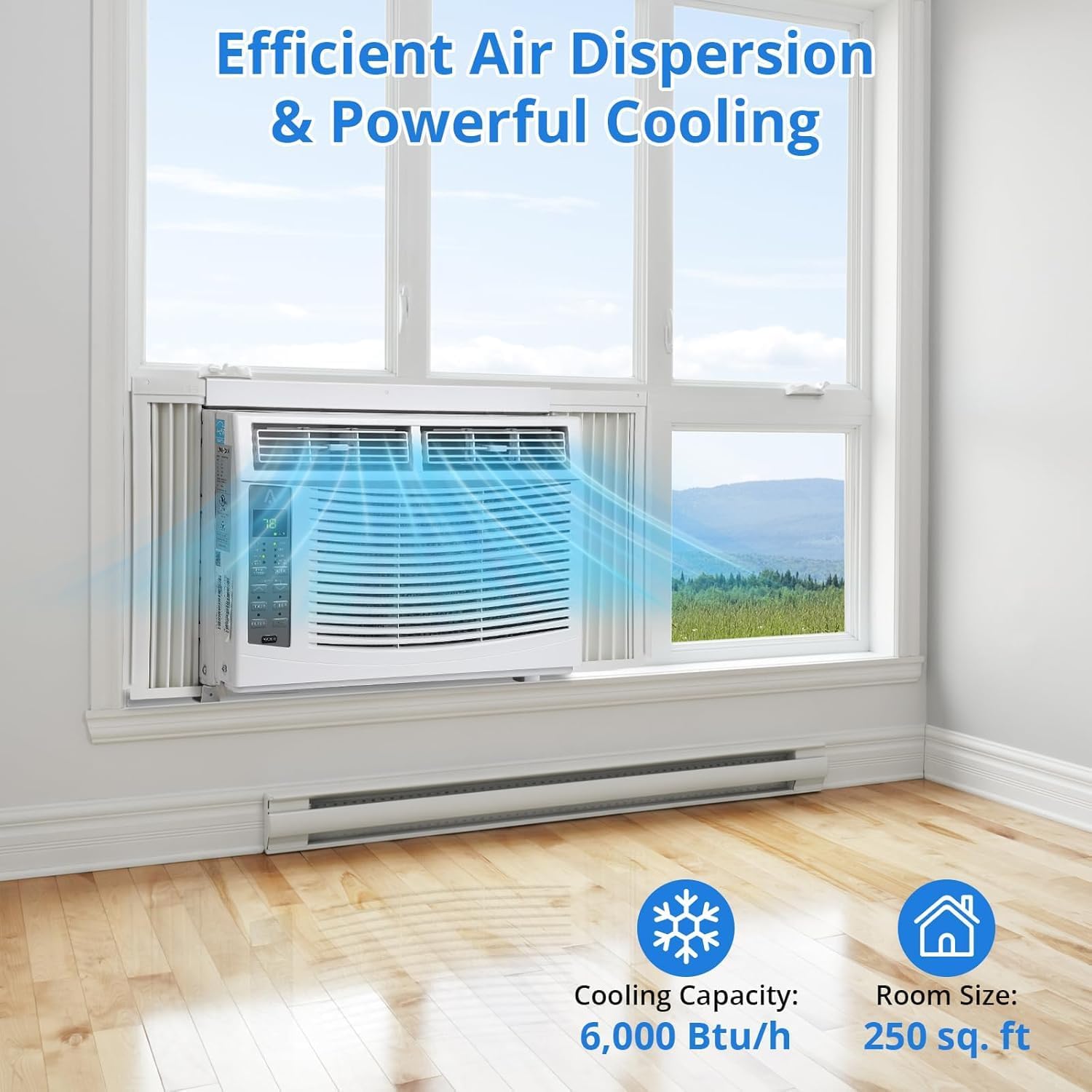 6000 BTU Window-Mounted Air Conditioner, Cools Up to 250 Sq. Ft., Quiet Operation, with Remote Effortless Temperature Control 2 Fan Speeds, Auto Restart,