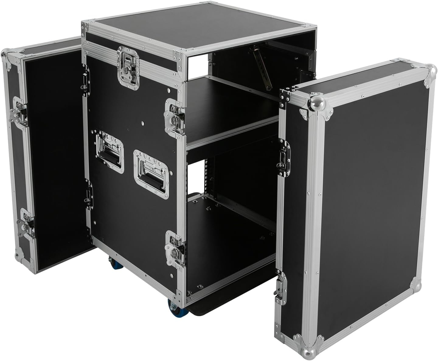 10U PA DJ Rack/Road ATA Case, Network & Stereo Rack with Slant Mixer Tops, 25’’ Depth DJ Work Table Rolling Studio Equipment Cabinet, Amplifier Mixer Storage Stand for Pro Tour Grade, Live Sound