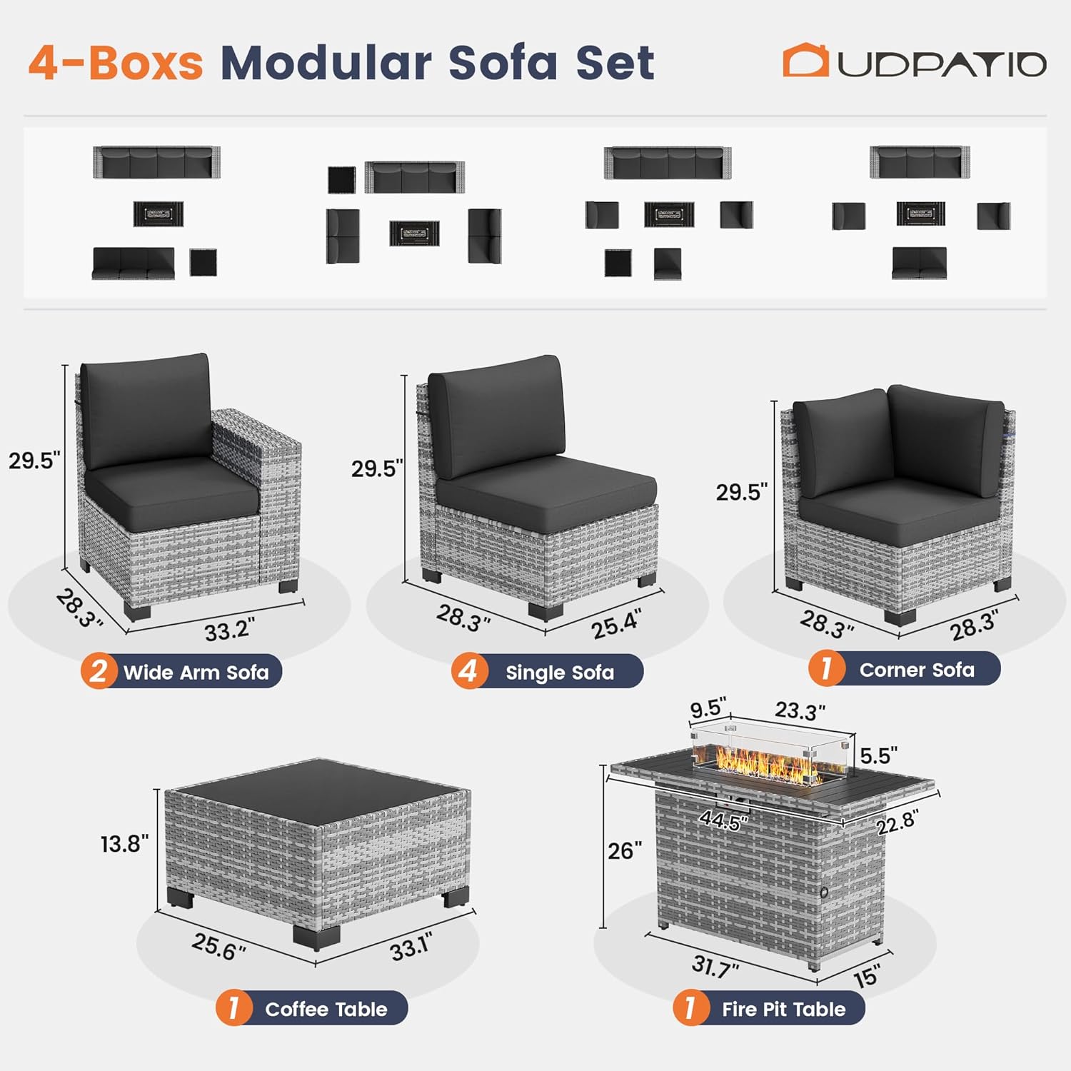 UDPATIO Patio Furniture Set with Fire Pit Table, 8 Inch Armrest Outdoor Sectional Sofa, 9 Piece Wicker Outdoor Furniture Conversation Sets with Waterproof Cover for Backyard Deck(Grey/Black)