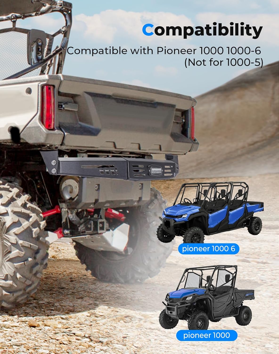 KEMIMOTO UTV Rear Bumper with 18W LED Light, Compatible with Pioneer 1000-3 / Pioneer 1000-6 2016-2025, Waterproof Bright Light, Impact Resistant Guard, Protection Accessories（Not Fit Pioneer 1000-5）