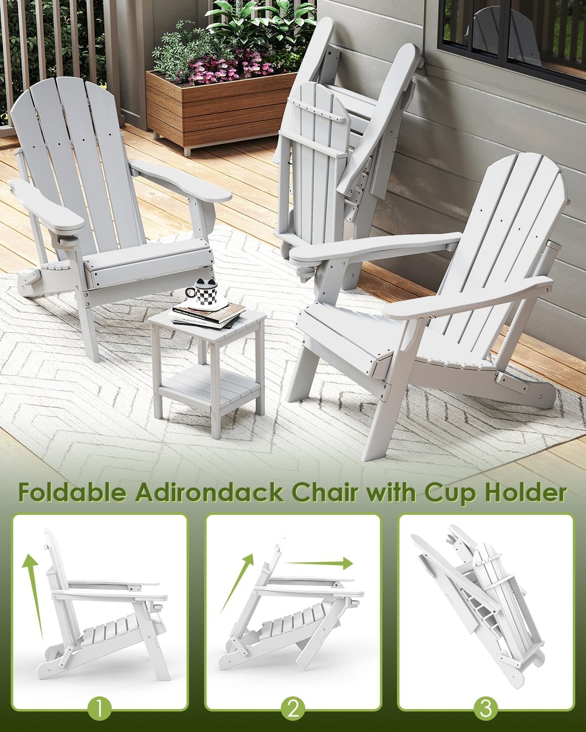 GREENVINES Folding-Adirondack-Chairs-Set-of-6 | HDPE Plastic | Fire Pit Chair | All Weather | Cup Holder | White | for Deck Backyard Patio Outdoor Garden