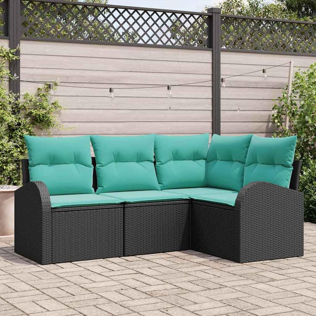 Garden Sofa Set 4 pcs Black Poly Rattan, Modular Outdoor Patio Furniture, UV-Resistant, Durable Steel Frame, Comfortable Seating for Balcony