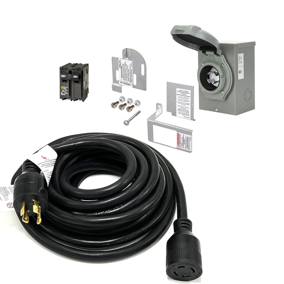 30 Amp Generator to House Hook-up Kit for Square D Homeline 150/200/225 Amp Load Center, Including Generator Cord,Power Inlet Box,Panel Interlock Kit and Circuit Breaker (25 Ft Gen Cord)