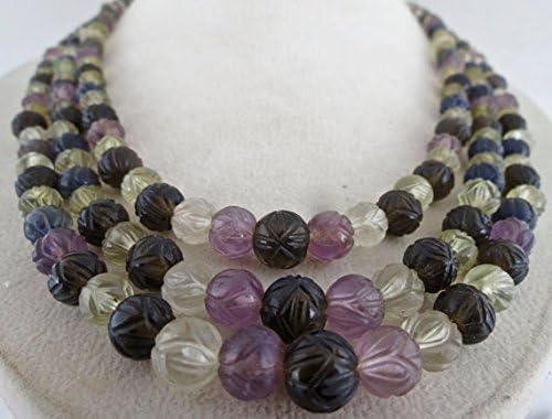 3 Line Natural Multi Color Amethyst Citrine Iolite Etc Carved Beads Necklace 22 inches 10MM to 5MM