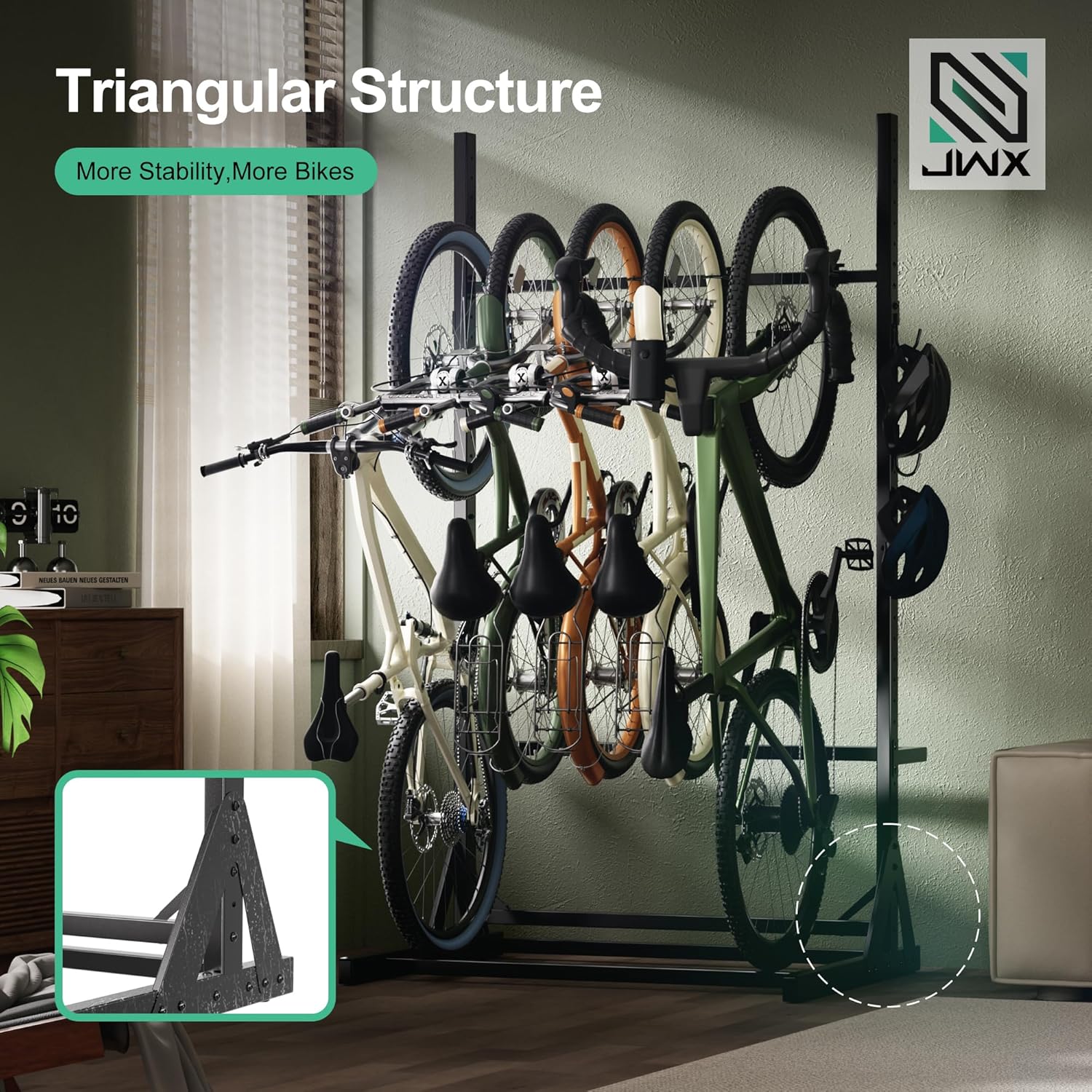 JWX Freestanding 5 Bike Rack, Heavy Duty Floor Bike Stand with Triangle Support Panels, Adjustable Rubber-Coated Hooks, Gear Accessory Holders, Easy Assembly