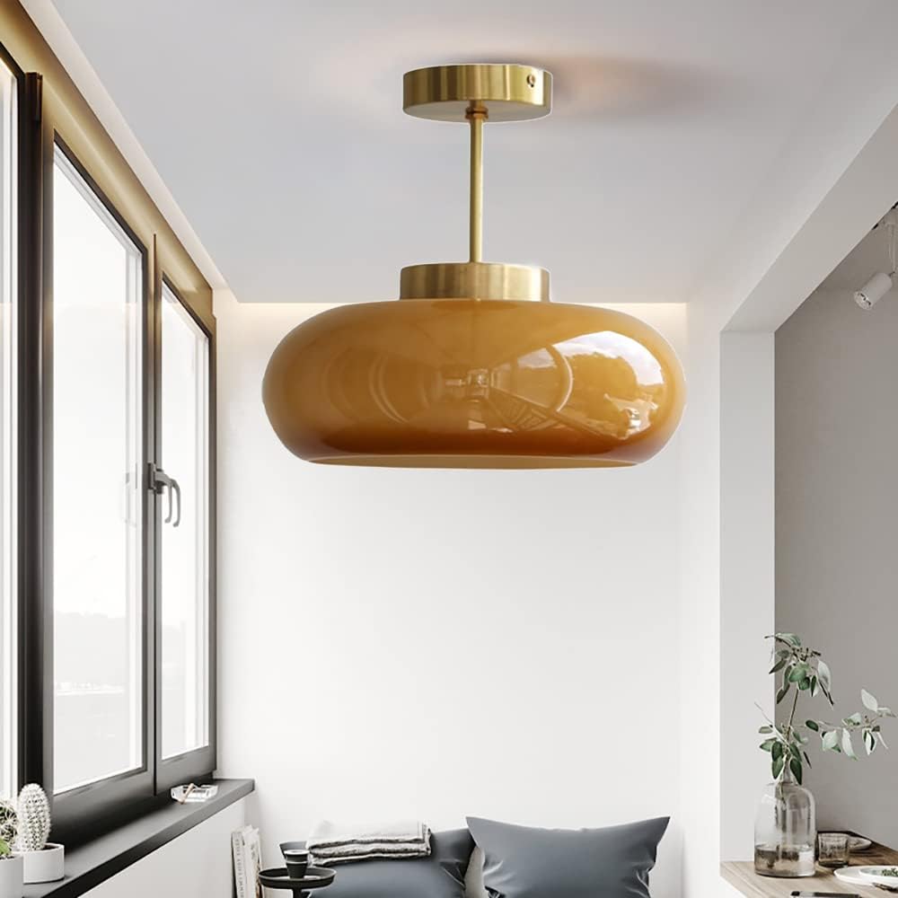 Meefad Semi Flush Mount Ceiling Light, Hallway Ceiling lamp with Glass Shade, Vintage Hanging Light Fixtures, Orange Finish