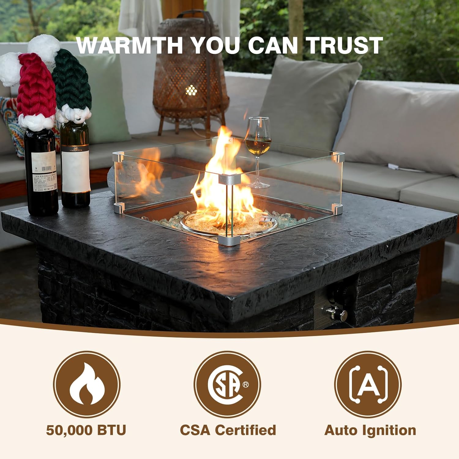 4-Piece Propane Fire Pit Table Set w Glass Wind Guard & Fire Glass Beads & Rain Cover, 35-Inch Square Outdoor Gas Fire Table 50,000 BTU for Patio, Black Terrazzo with Slate-Stone Look