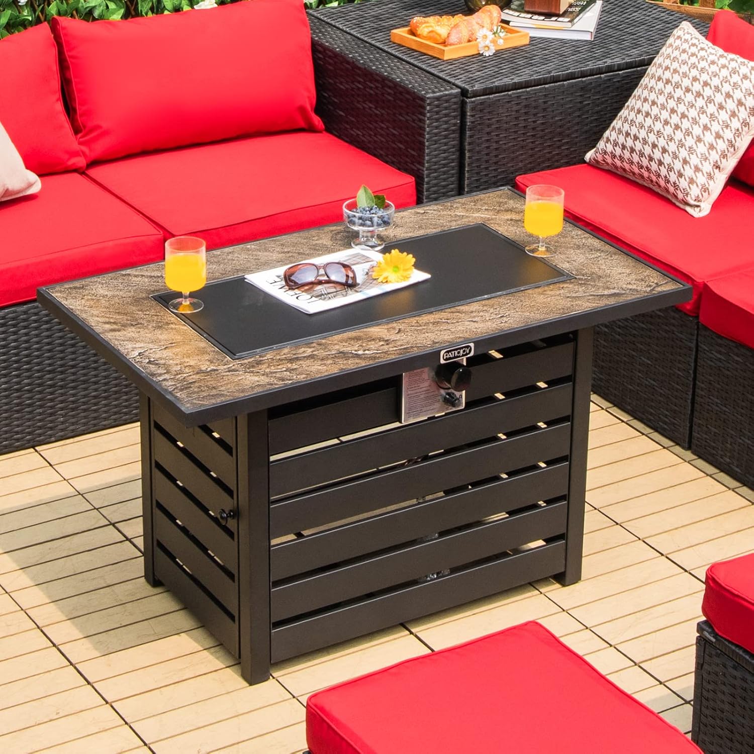 Tangkula 42 Inch Outdoor Gas Fire Pit Table, Patiojoy 50,000 BTU Rectangular Propane Fire Pit w/Ore Powder Tabletop, Lid, Lava Rocks & Waterproof PVC Cover for Patio, Garden, Backyard, Poolside