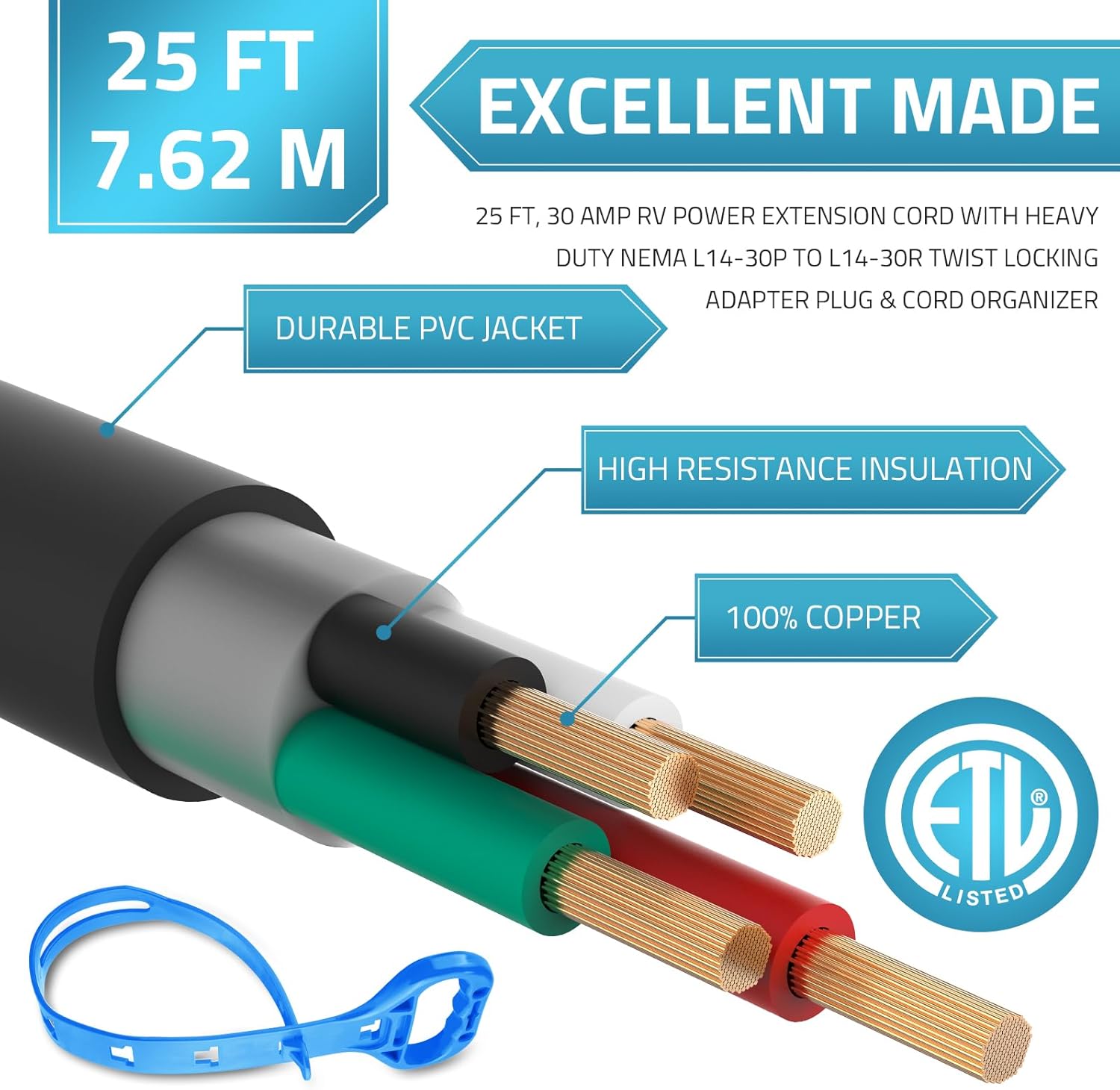 PAULINN 30 Amp Generator Cord (25 FT) and 30Amp Generator Power Inlet Box, NEMA L14-30P to L14-30R Twist Locking Adapter Plug & Cord Organizer, ETL Listed, Weatherproof, Emergency Power Combo Kit
