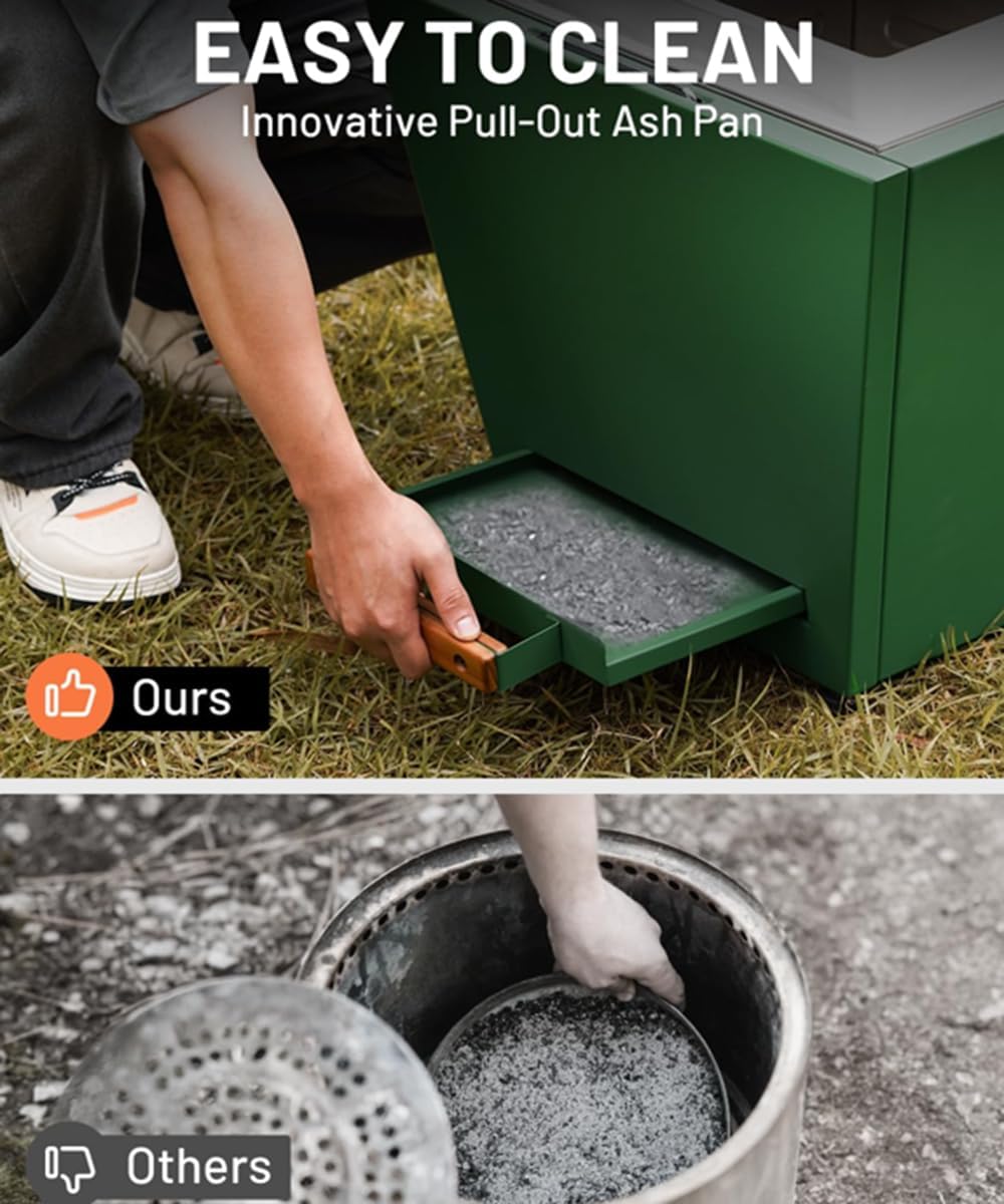 Portable Wood Stove Outdoor Heater for Patio, Smokeless Wood Burning Fire Pit with Insulated Base & Ash Pan Easy to Carry Portable Heater for Camping Backyard & Patio Use Green