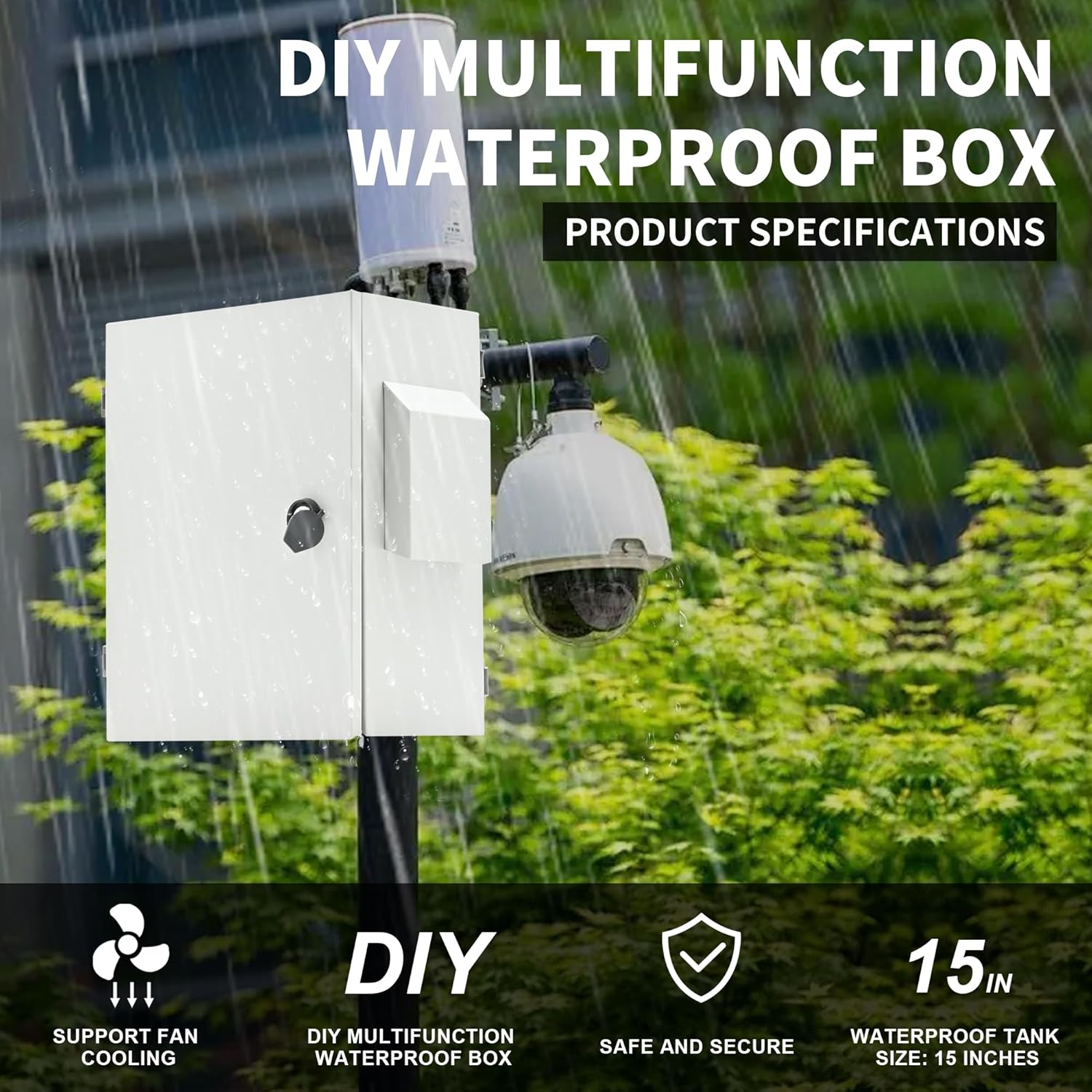 NEMA Outdoor Electrical Box (15.7″ x 11.8″ x 7.9″) Metal Enclosure, Universal IP Waterproof Equipment Box w/DC Fan & 12V Adapter, Removable DIY Mounting Plate, One-Piece Ventilation