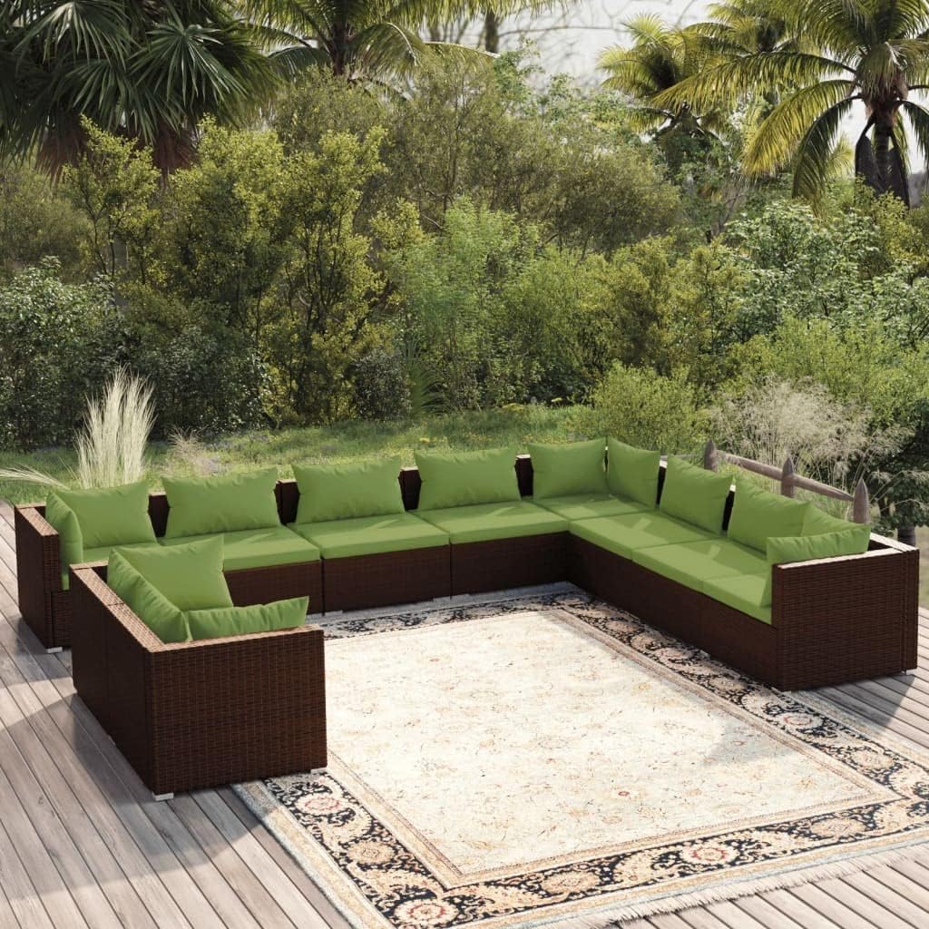 10-Piece Garden Lounge Set, Brown PE Rattan, Green Cushions, Modular Outdoor Patio Furniture Seating for 10 People, Weather-Resistant, for Deck, Terrace