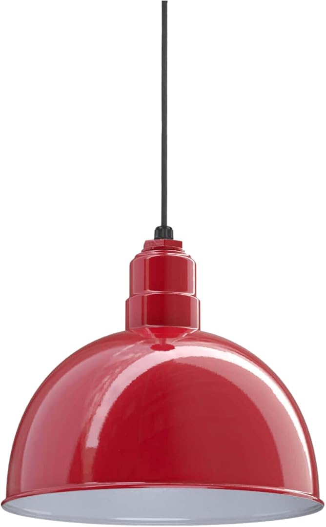 Steel Lighting Co. Rose Bowl Pendant | Ceiling Mounted Light | 15 inch Dome | Black Cord | Heavy Duty Steel Farmhouse Barn Style Made in America | Red Exterior/White Interior
