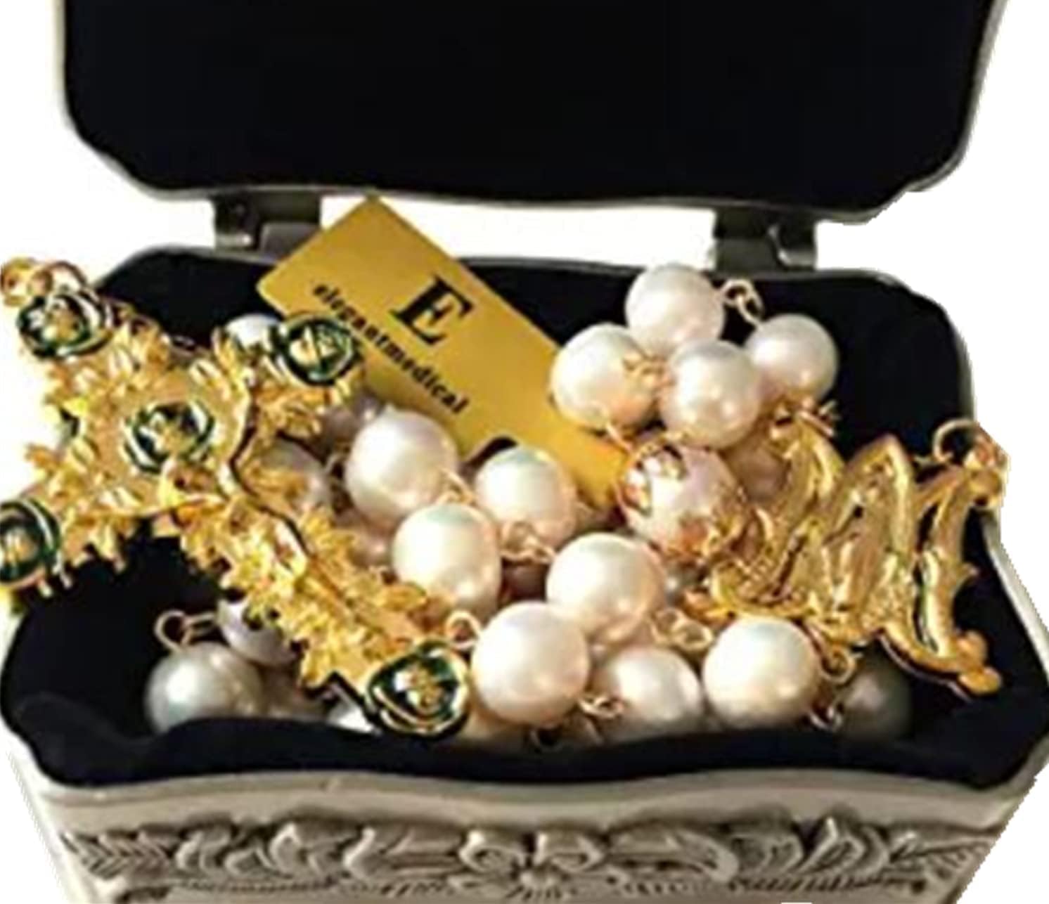 elegantmedical HANDMADE AAA+ 10MM White Real Pearl BEADS ROSE CATHOLIC ROSARY CROSS GIFT NECKLACE Supper BOX case