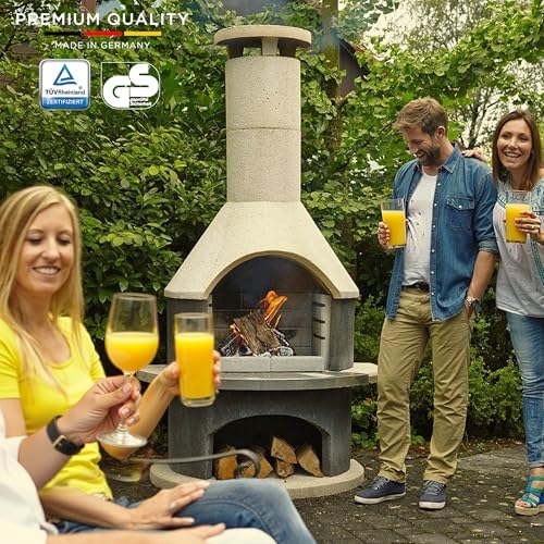 Concrete Outdoor Fireplace with Grill, Wood Burning Fireplace with Wood Storage and Chimney, Include Grill Rack & Charcoal Pan, 81.9”H