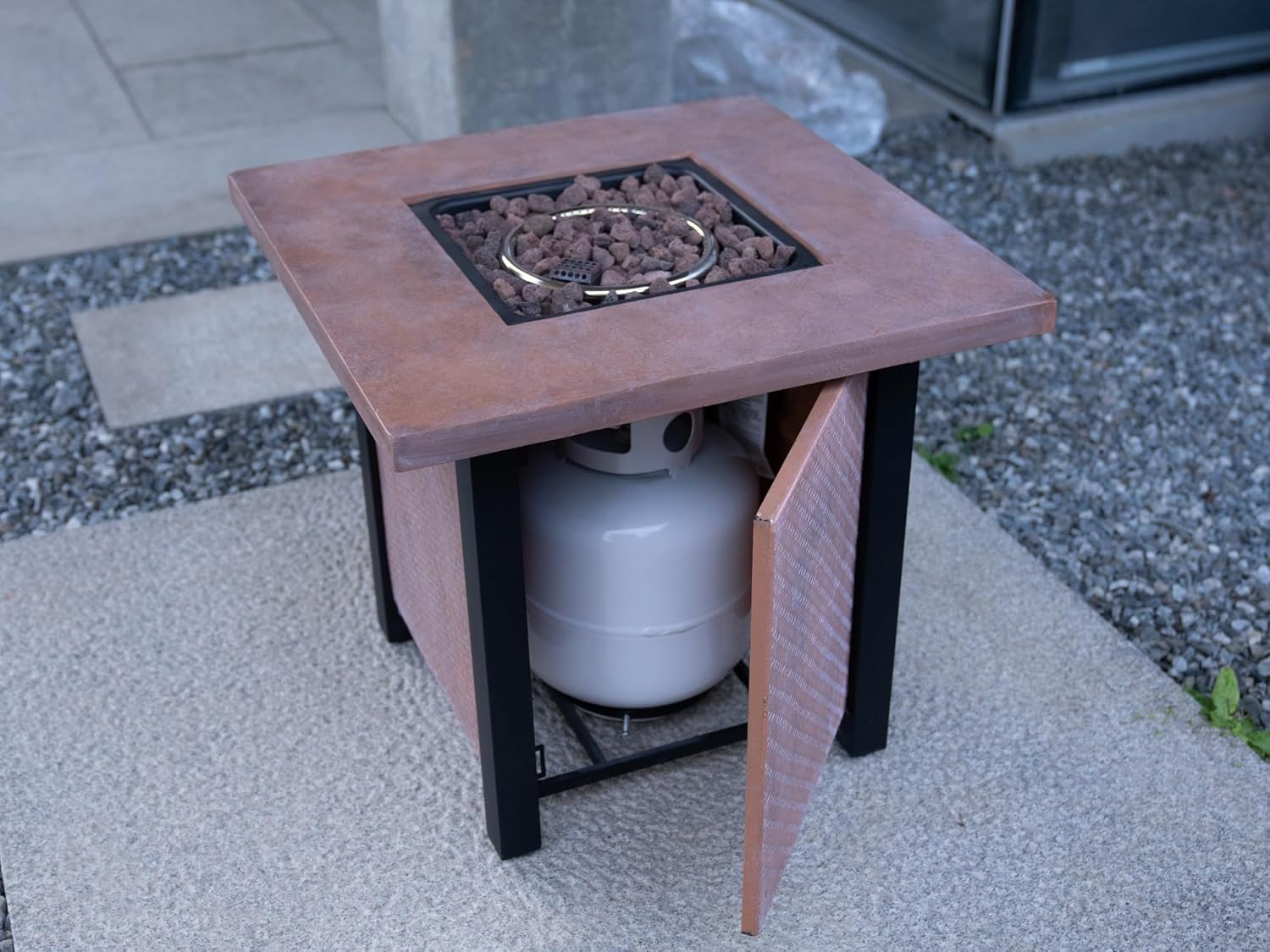 25 inch Propane Fire Pit Table, 50,000 BTU Square Table Top Firepit with Cover, Outdoor Heater, Fiberglass and Iron Construction, Rattan Weave Style, Stainless Steel Burner for Garden and Backyard