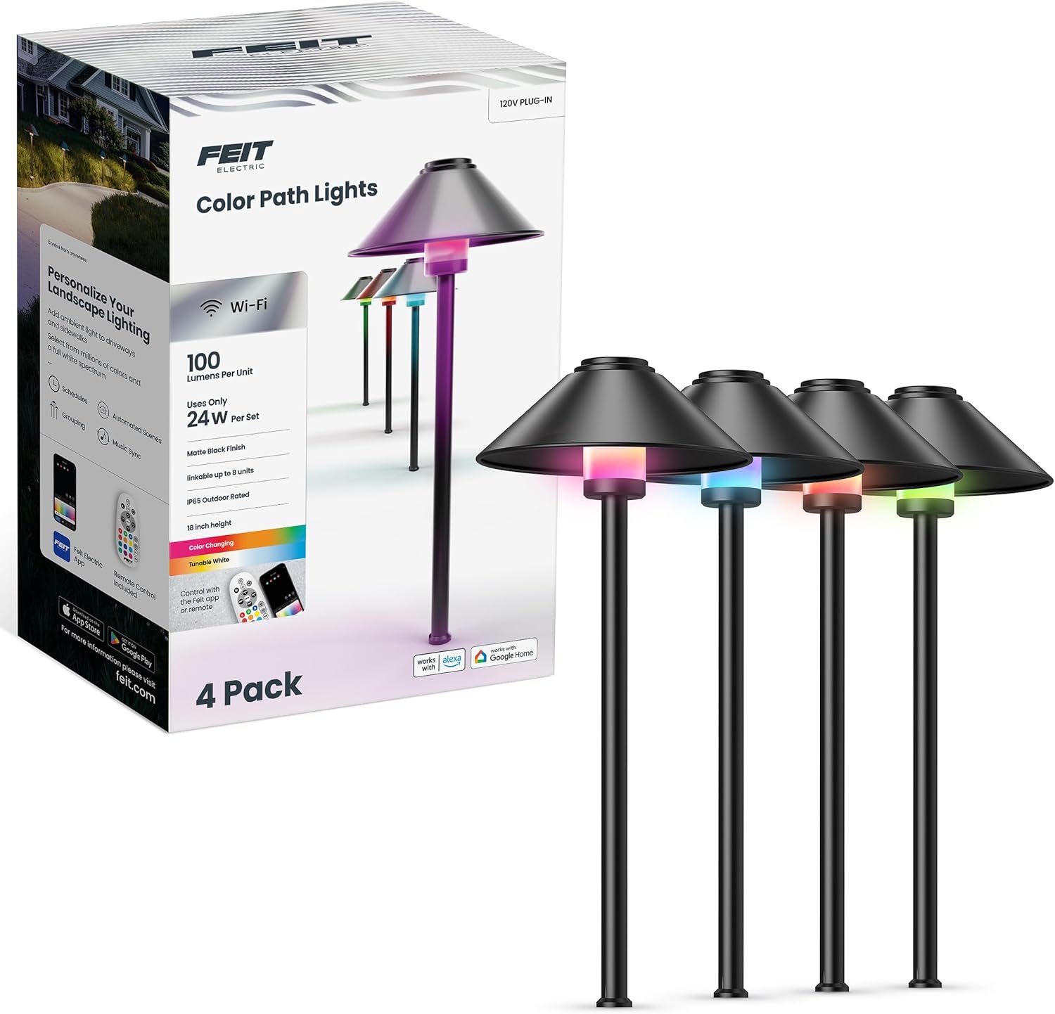 Feit Electric Smart Outdoor Cone Path Lights, 100 Lumens, Color Changing & Tunable White, Music Sync, Works with Alexa & Google Home, App & Remote Control, 15,000-Hour Lifetime, PATH/RGBW/AG/4, 4-Pack