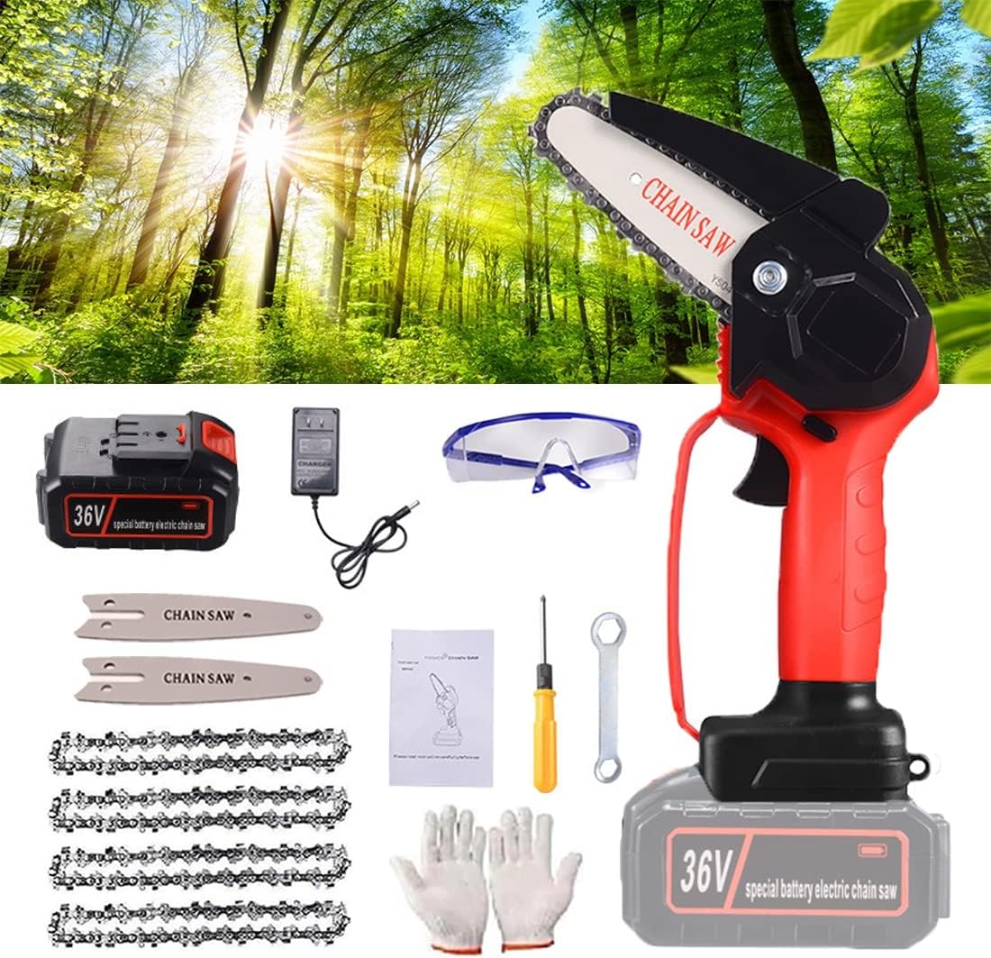 Mini Chainsaw,4 Inch Electric Battery Powered Chainsaw Small, Cordless Battery Power,Portable One-Hand Handheld, Rechargeable Operated for Tree Trimming, Branch and Wood Cutting