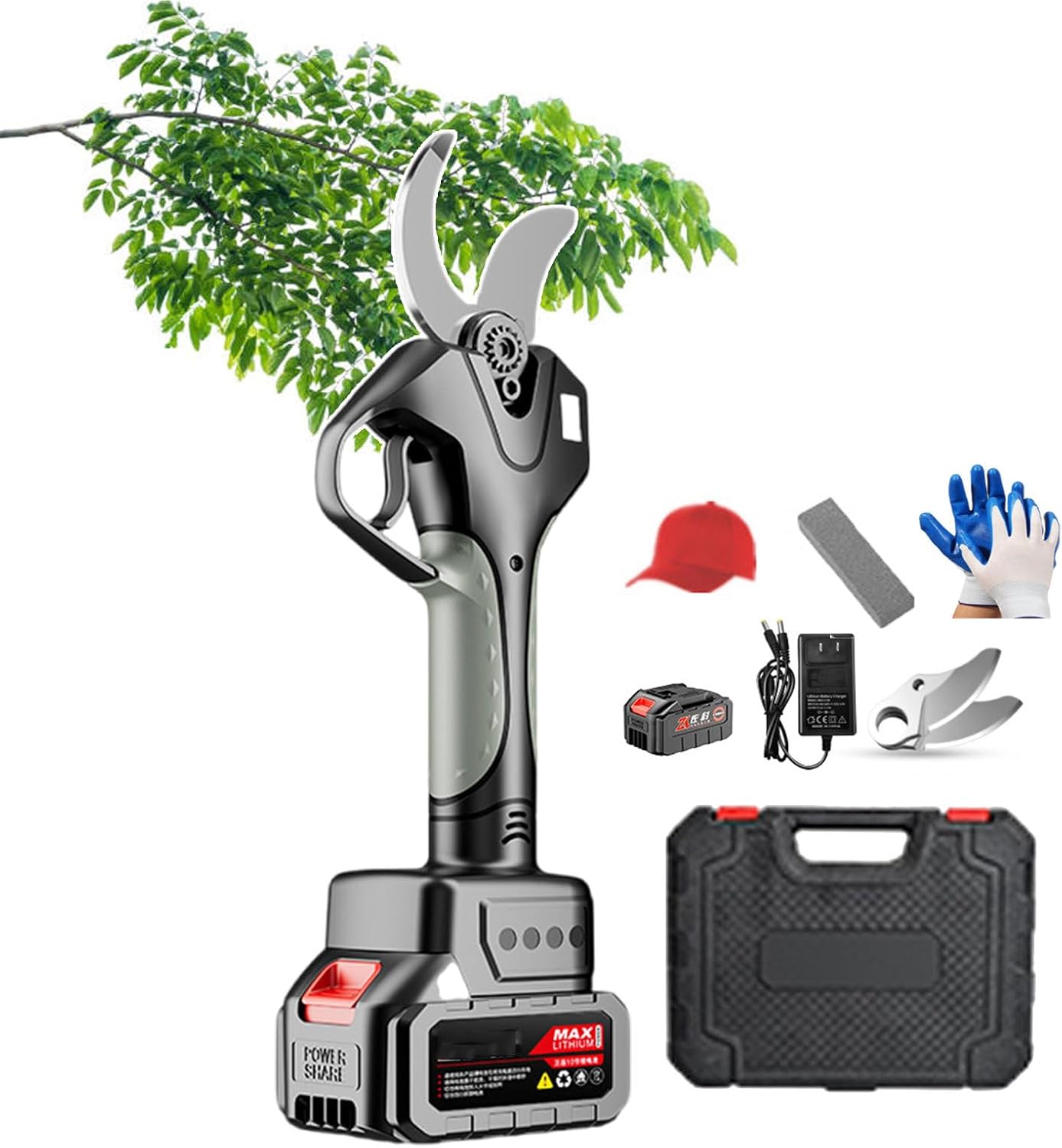 Electric Secateurs, Garden Secateurs with Gloves, Sun Hat and Tool Box, Professional Cordless Pruning Shears for Gardening Trees, Blade Adjustment: 6 cm,1-battery