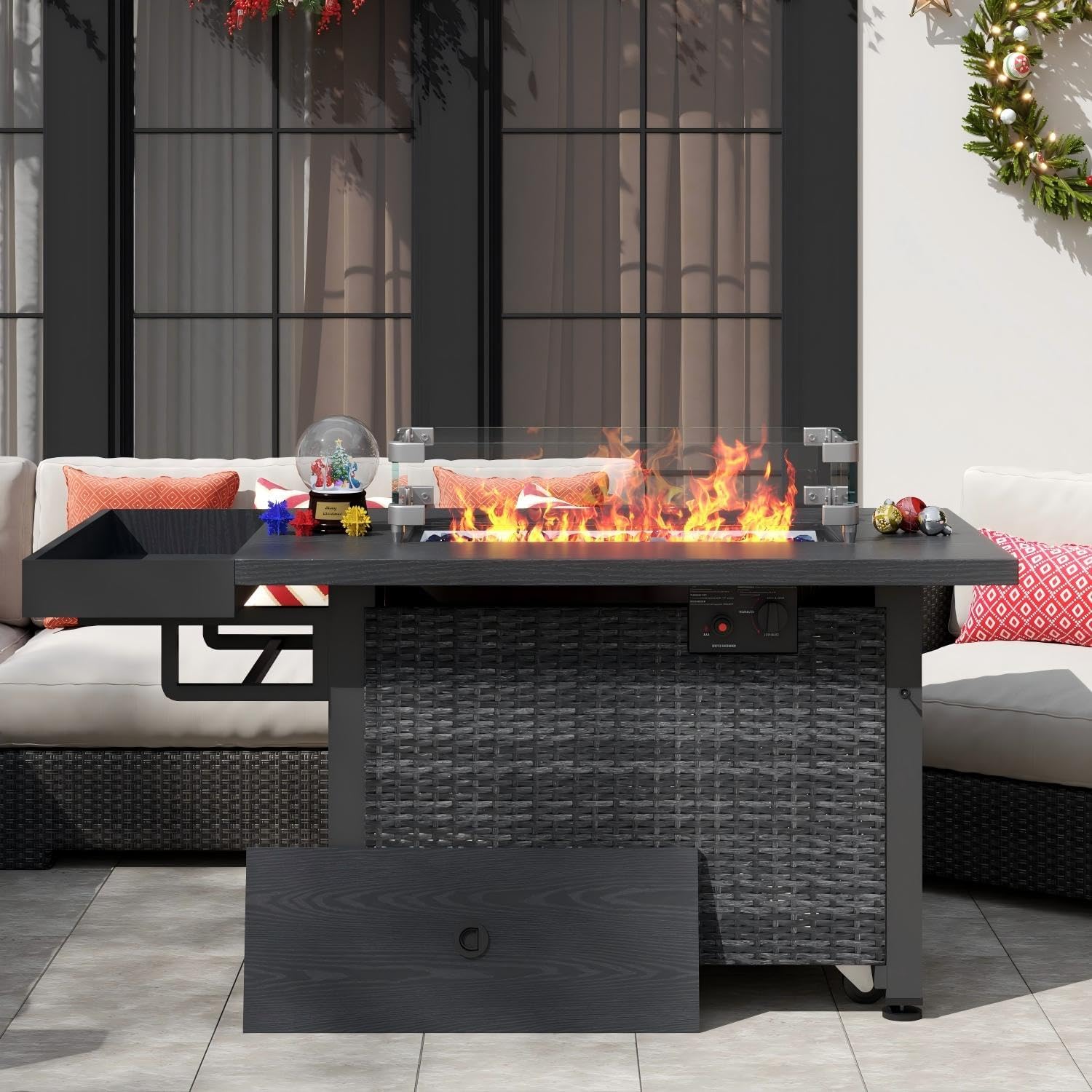 52 Inch Wicker Patio Fire Table, 50,000BTU Propane Fire Pit Table with Glass Wind Guard, Side Basket, Cover, CSA Certified, Outdoor Fire Pit for Garden, Backyard, Balcony, Poolside, Grey