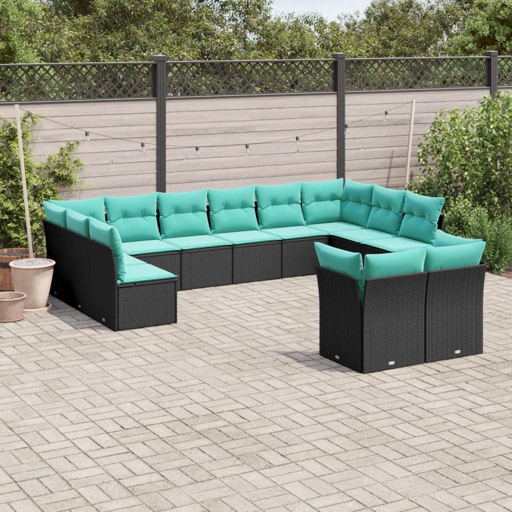 Patio Sofa Set, 12-Piece Modular Garden Sofa Set, Rectangular Modern Outdoor Furniture, Poly Rattan, Black Frame, Blue Cushions, Weather Resistant for Deck, Balcony, Terrace