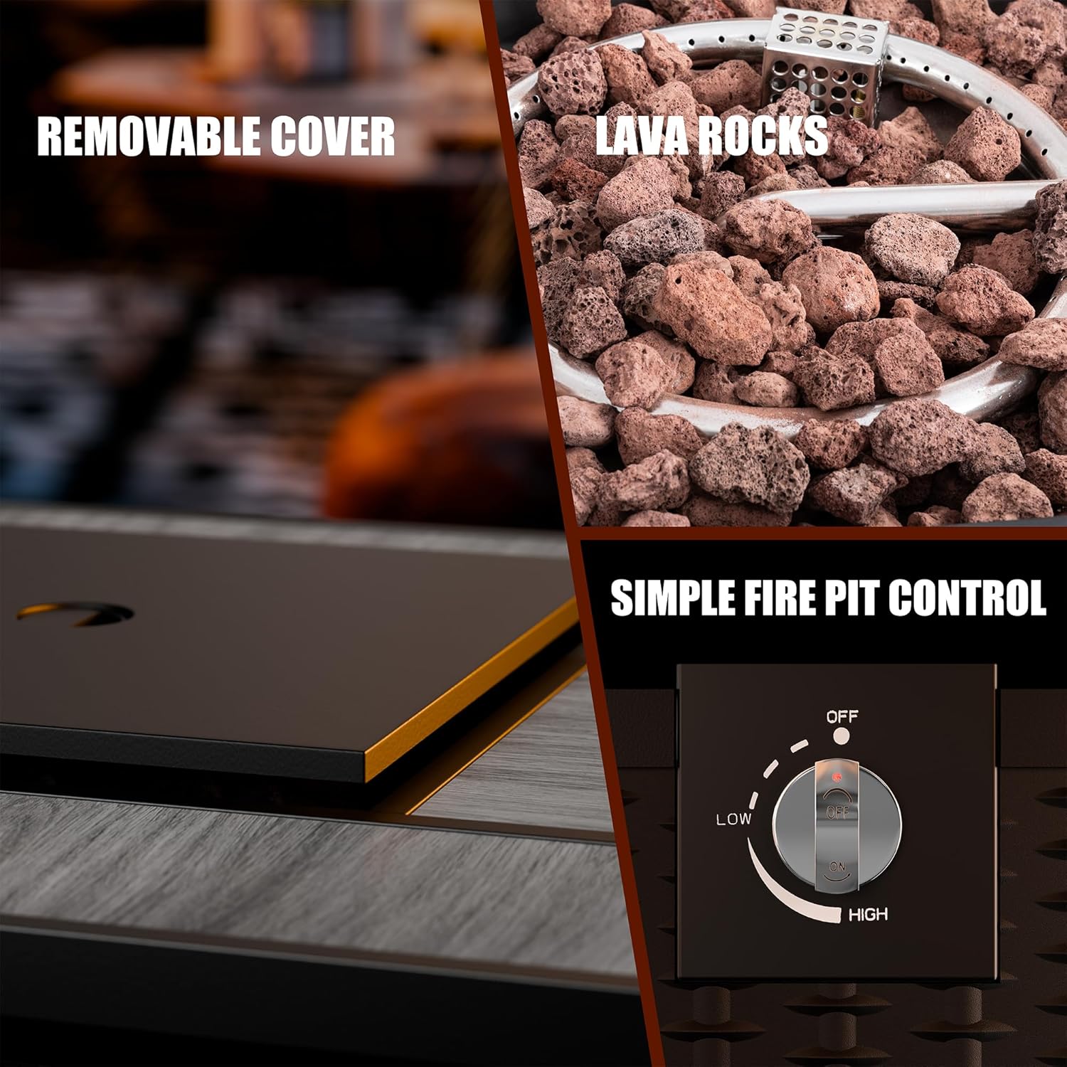 Vongrasig 30 Inch Propane Fire Table, 50,000 BTU Outdoor Gas Fire Pit Table, Square Tabletop with Lid,Lava Rock,Rain Cover for Outside Paito,Garden,Backyard (Grey Top)