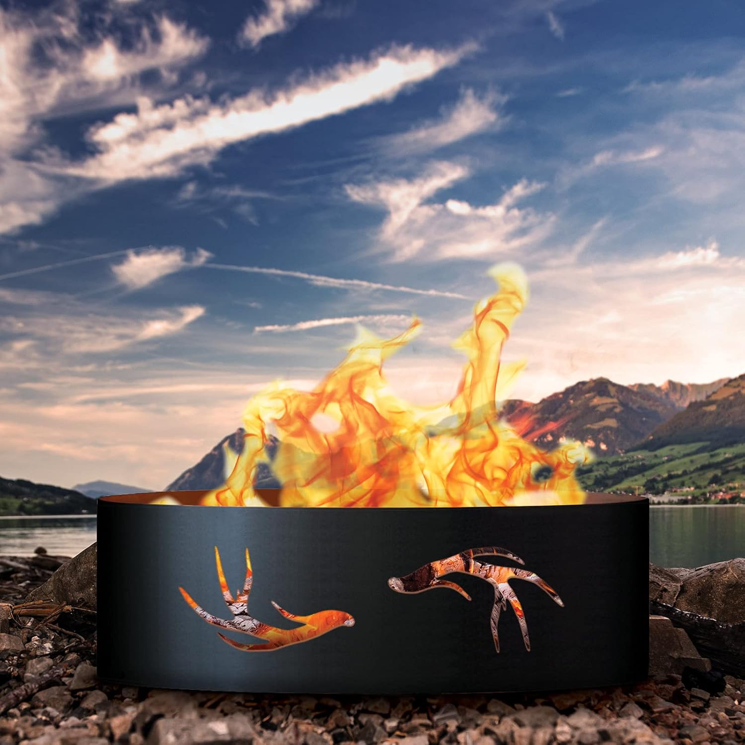 PD Metals ANT01860 Antlers Unpainted 12 in. Tall 60 in. Diameter Outdoor Fire Ring - 60 x 60 x 12 in. - Rustic Black Color