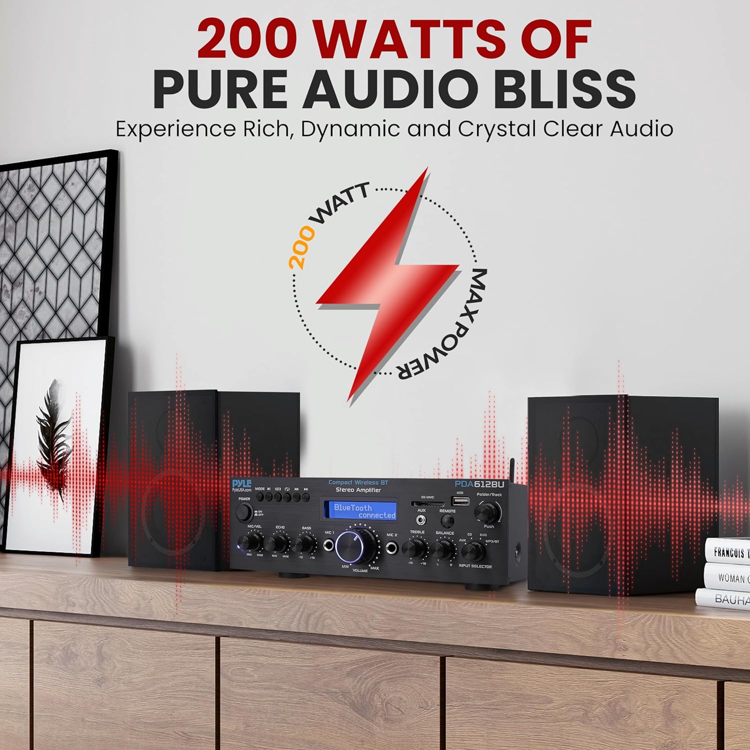 Pyle Compact Bluetooth Stereo Amplifier - 200 Watt Desktop Audio Power Amp Receiver with FM Radio, MP3/USB/SD Readers, Digital LCD Display, Microphone Input - Pyle PDA612BU