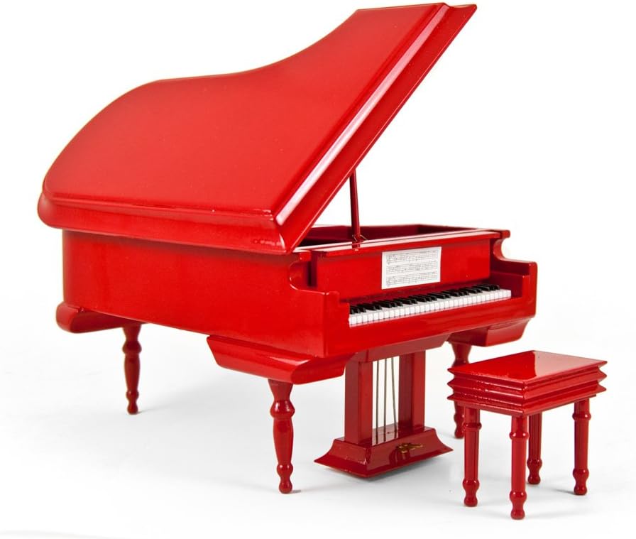 Sophisticated 18 Note Miniature Musical Hi - Gloss Fire Engine Red Grand Piano with Bench - Many Songs to Choose - Pearly Shells