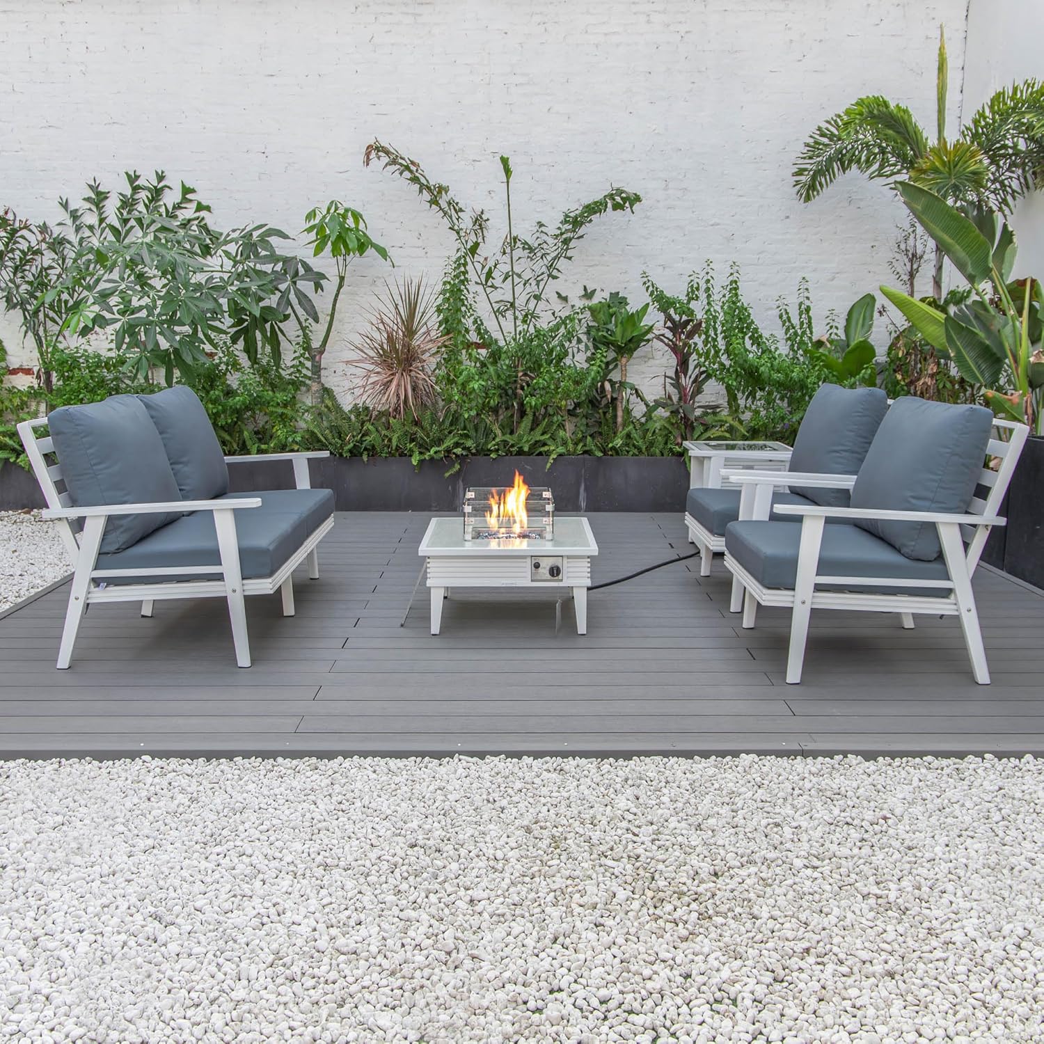 LeisureMod Walbrooke Modern Aluminum 5-Piece Patio Conversation Set with Outdoor Square Fire Pit Table with Slats Design & Side Table Tank Holder (Navy Blue)