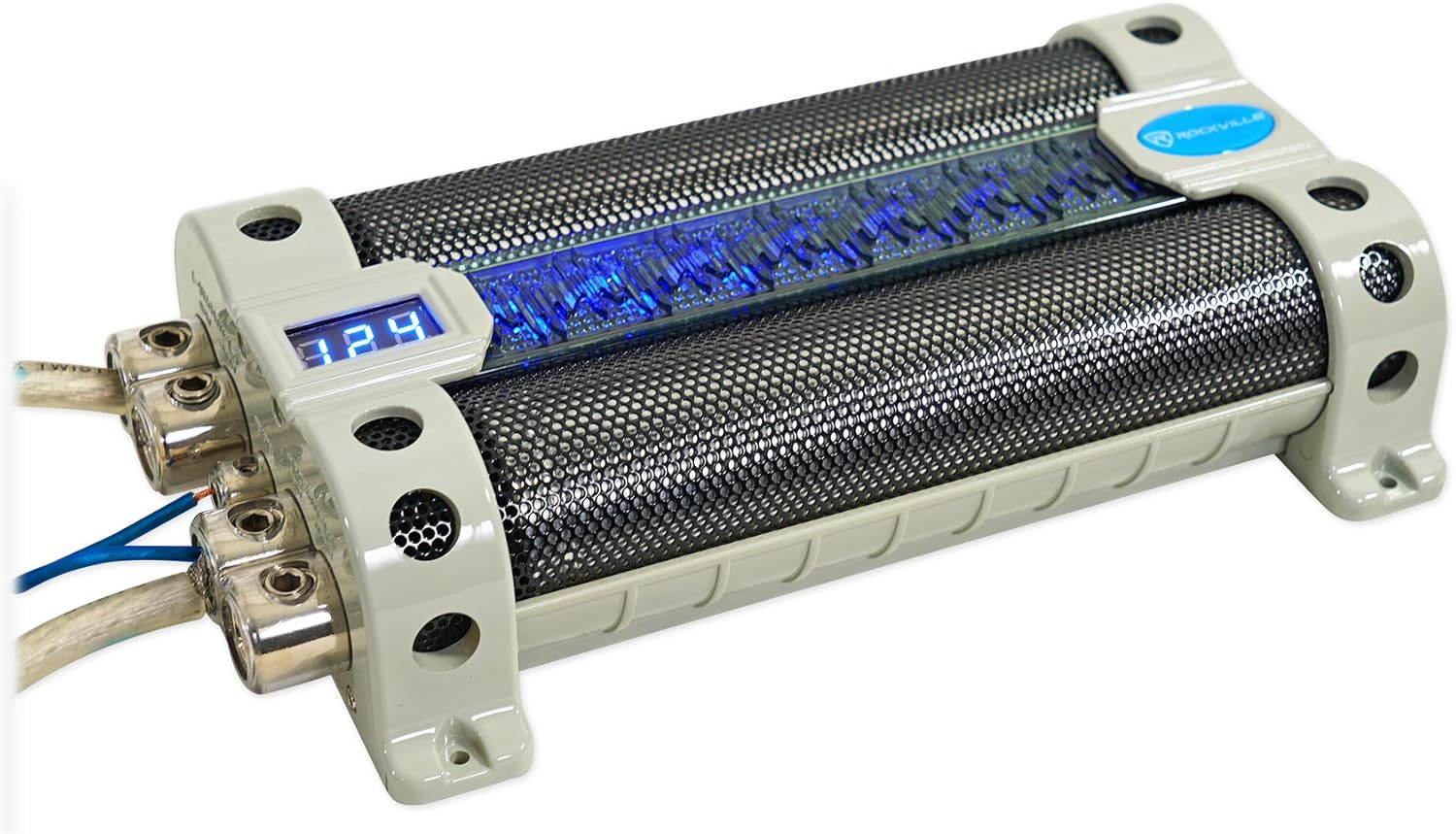 Rockville RFC50F v2 50 Farad Car Audio Capacitor, 3-Digit Super Bright Blue LED Voltage Display, Polarity Alerts, Heavy-Duty Terminals, for Car Audio Systems